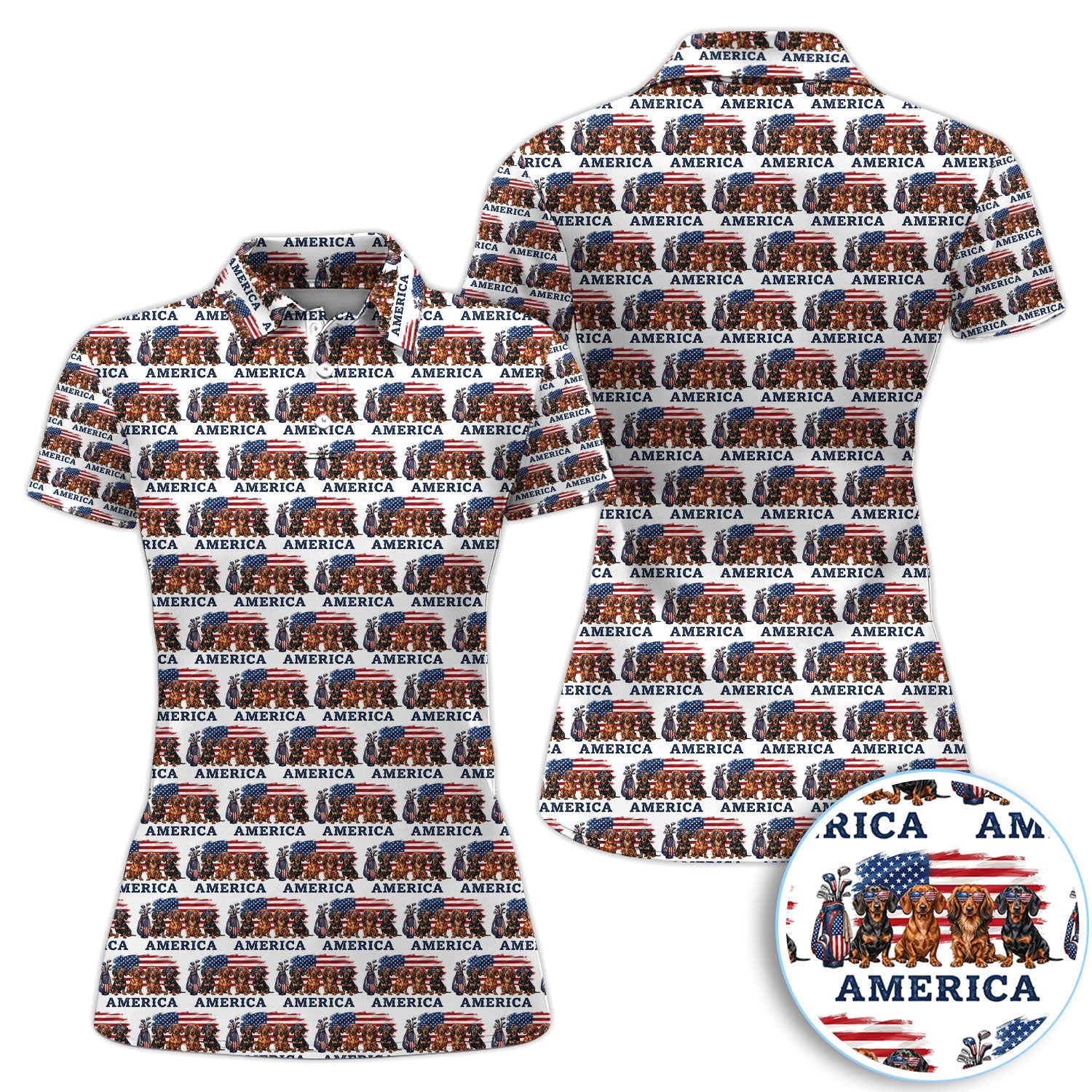 Dachshund America Pattern Golf Polos, Crazy Dachshund Golf Shirt For Men, Funny Golf Shirt