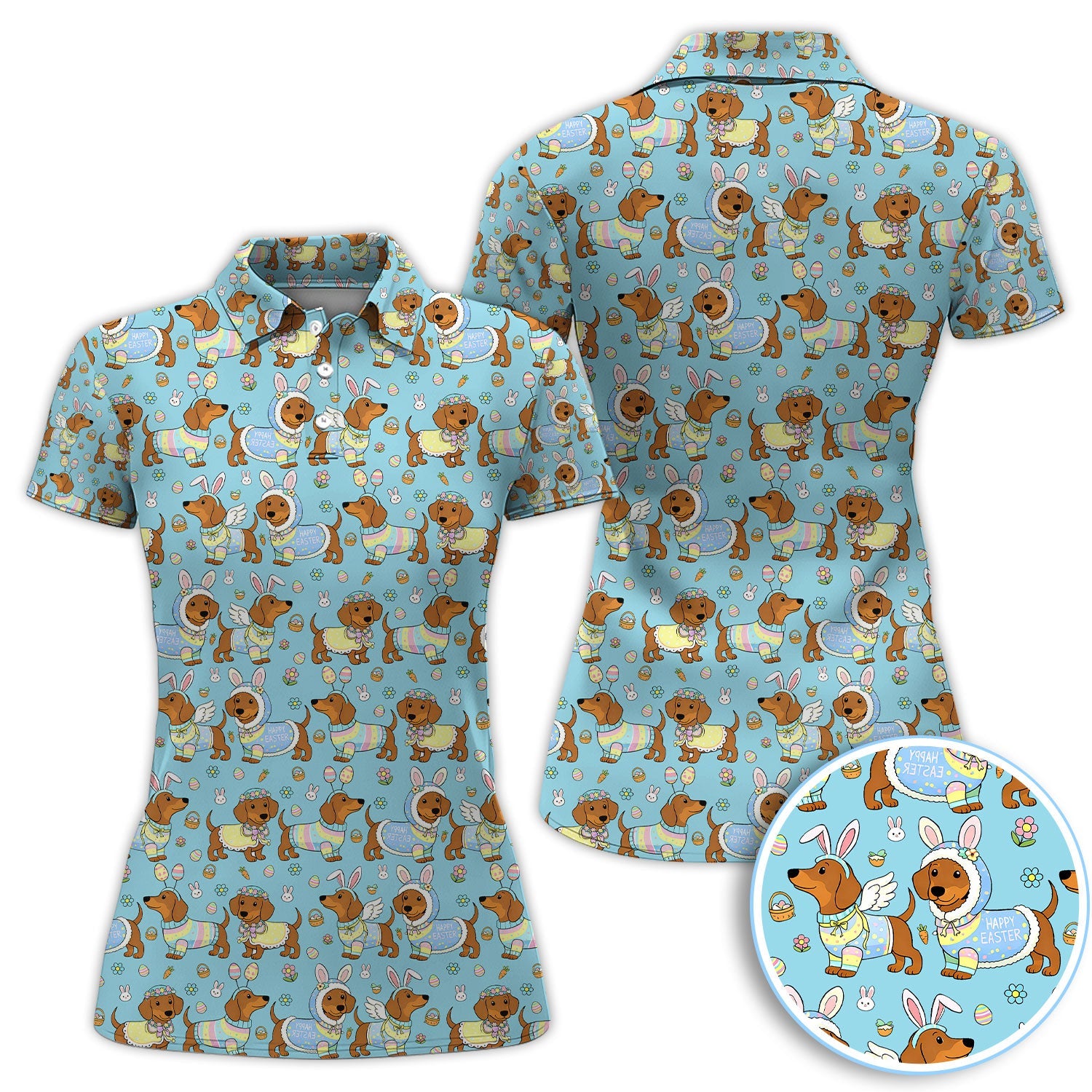 Dachshund Happy Easter Golf Polos, Easter Wiener Dog Pattern Golf Shirt, Golf Gift For Golfer
