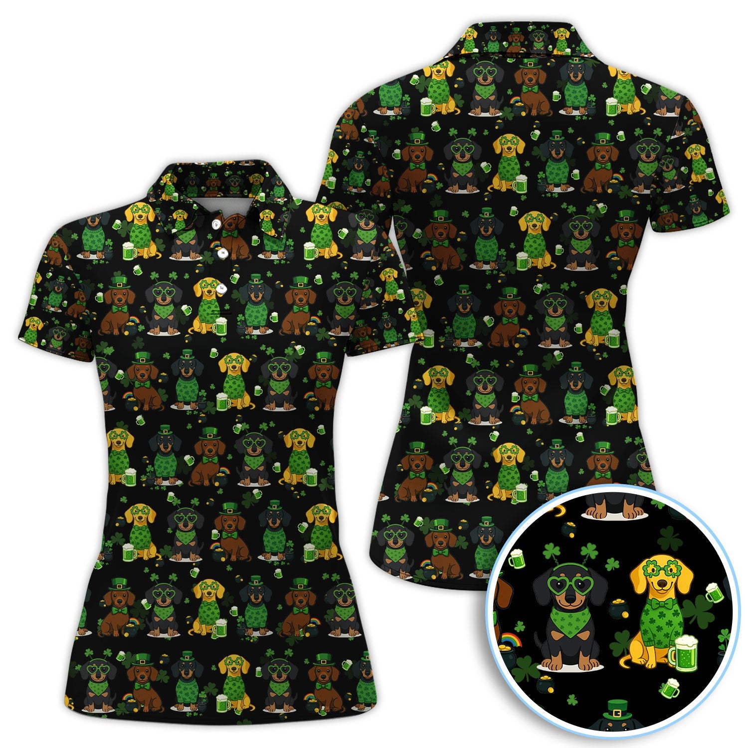 St. Patrick’s Day Dachshund Dog Pattern Golf Shirt, Funny Shamrock Dog Golf Polos For Men, Golf Gift For Golfer