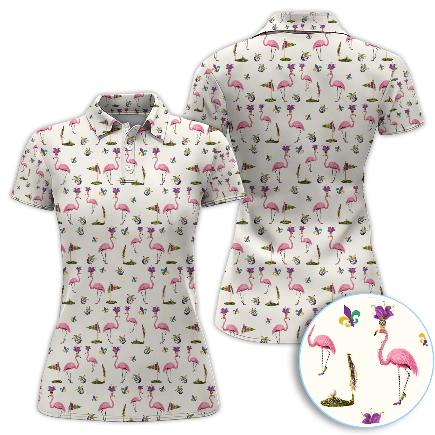 Flamingo Mardi Gras Golf Polos For Golfer, Funny Holiday Pattern Golf Shirt, Golf Gift For Men