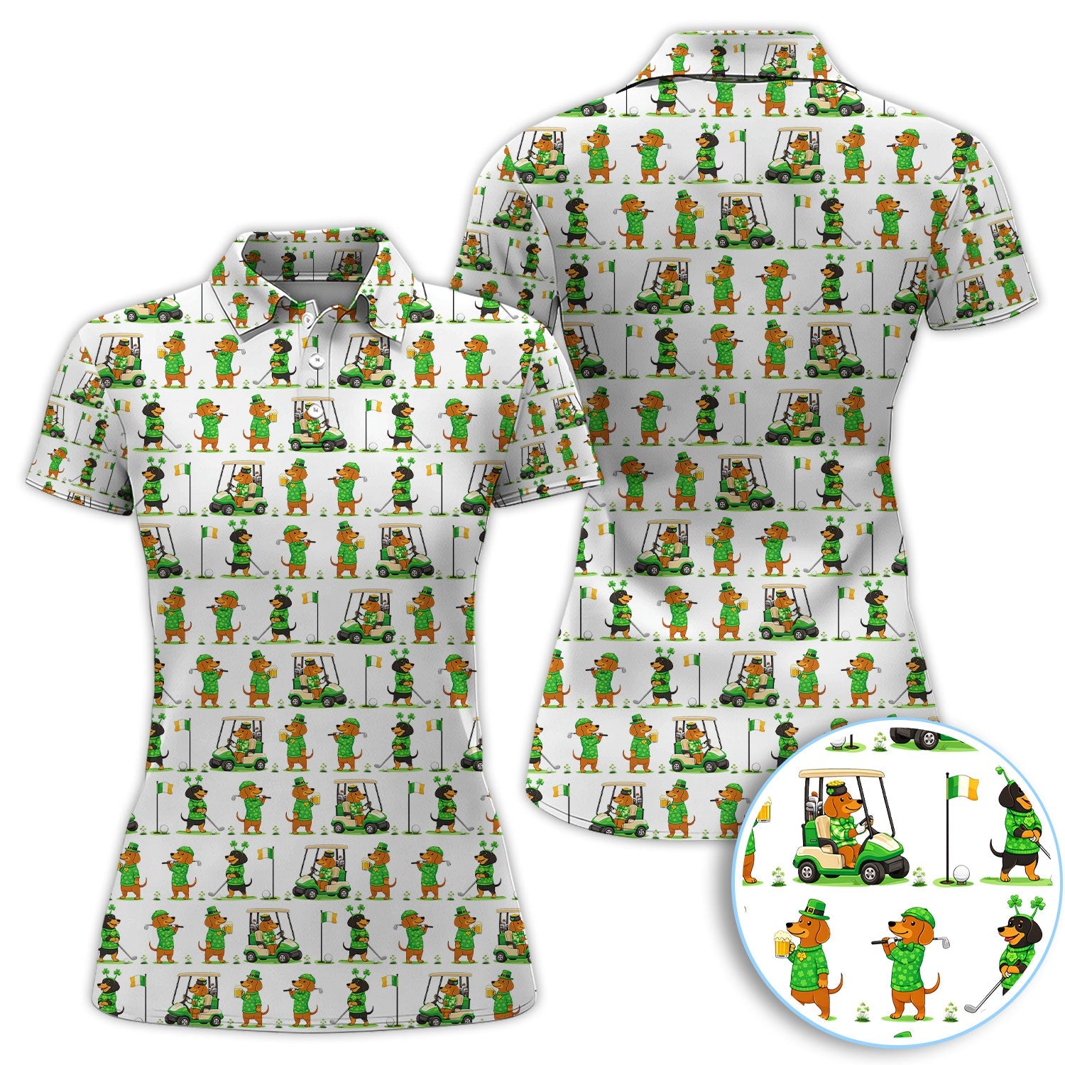 St. Patrick’s Day Dachshund Pattern Golf Polos, Funny Irish Wiener Dog Golf Shirt For Men, Golf Gift For Golfer