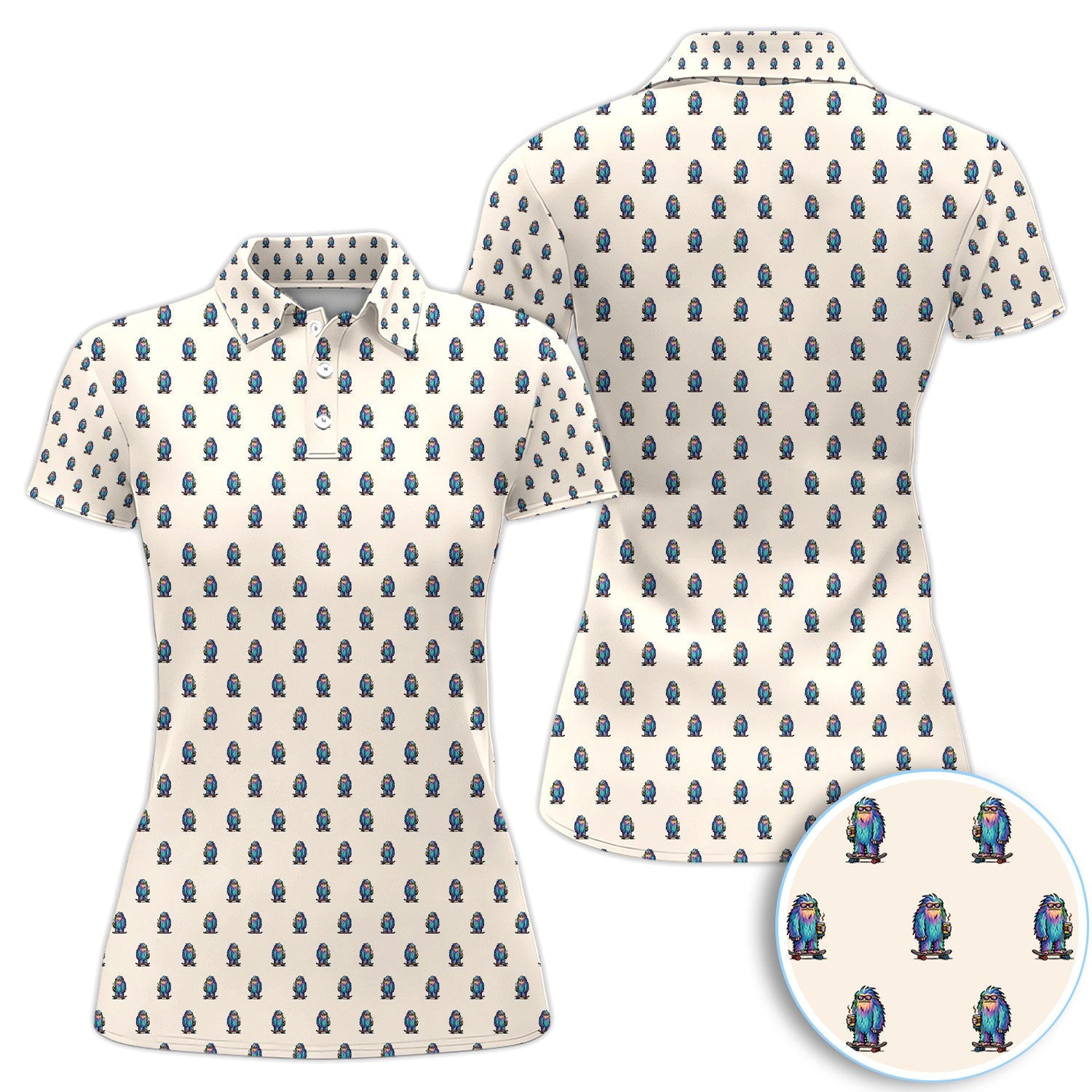 Funny Yeti Pattern Golf Polos, Bigfoot Coffee Skateboard Golf Shirt, Crazy Golf Shirts For Men