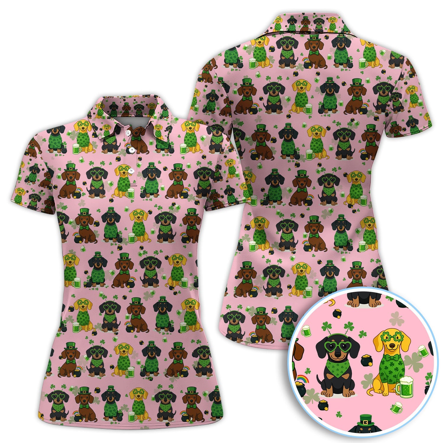 St. Patrick’s Day Dachshund Dog Pattern Golf Shirt, Funny Shamrock Dog Golf Polos For Men, Golf Gift For Golfer