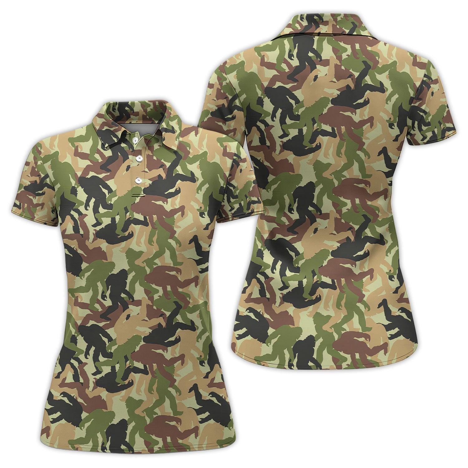 Bigfoot Camo Pattern Golf Polos, Crazy Sasquatch Golf Shirt, Funny Golf Gift For Golfer