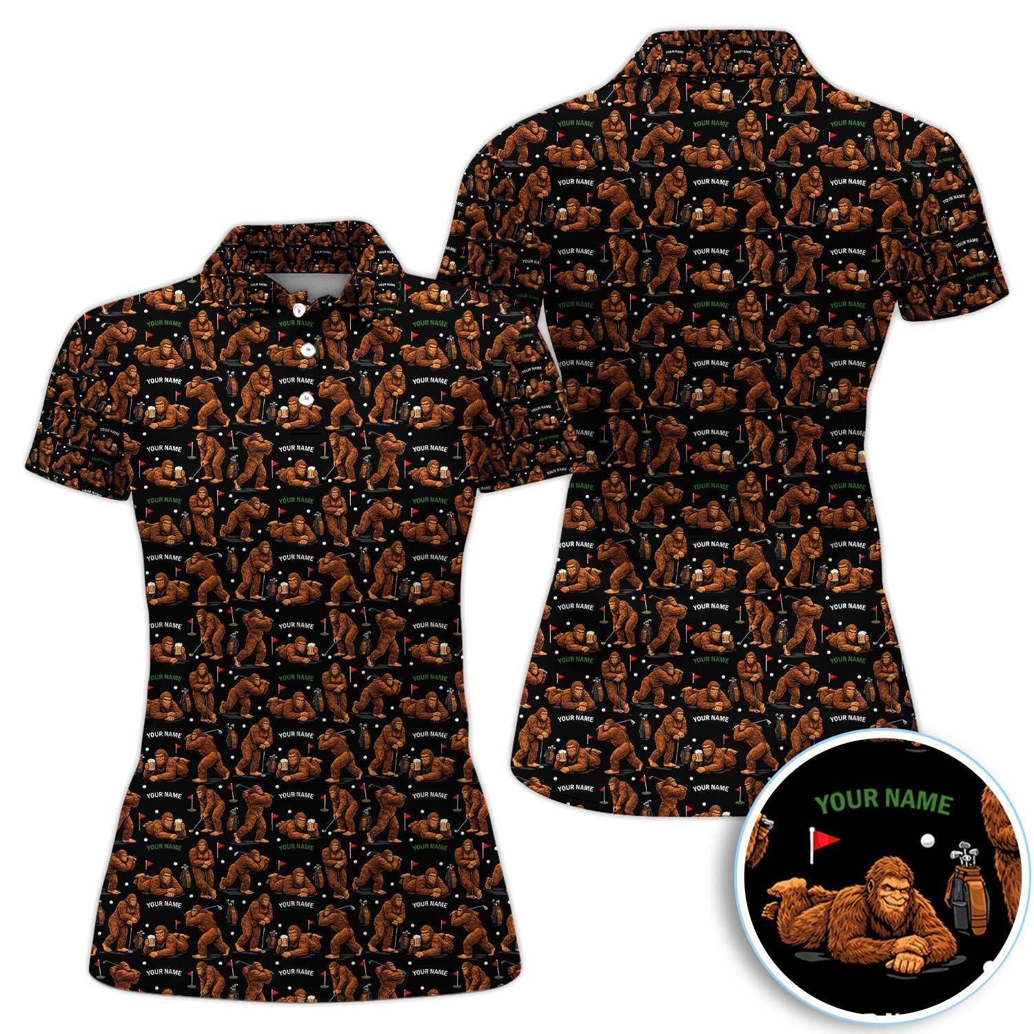 Personalized Bigfoot Pattern Golf Polos, Crazy Bigfoot Golf Shirt For Men, Funny Golf Shirt