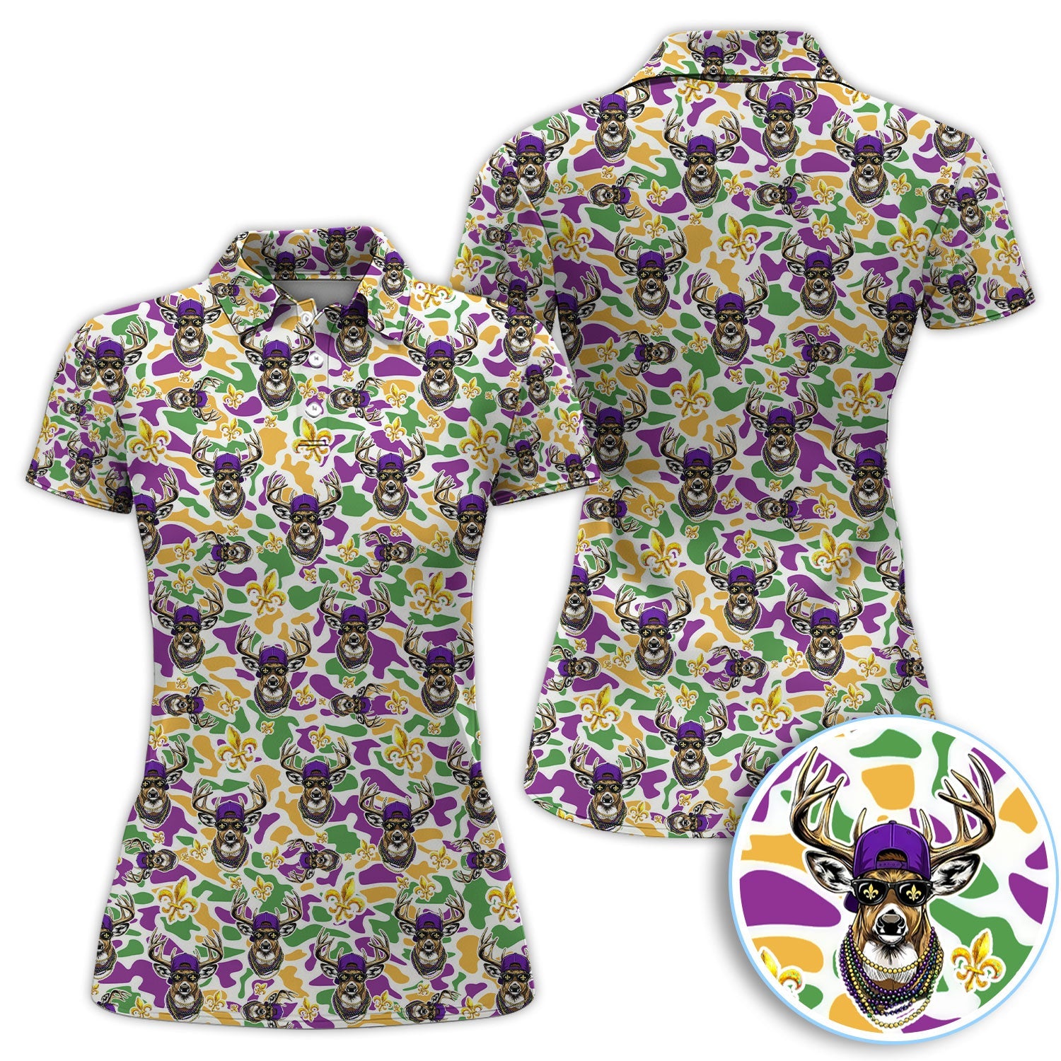 Mardi Gras Golf Polos For Golfer, Festival Deer Pattern Golf Shirt, Golf Gift For Men
