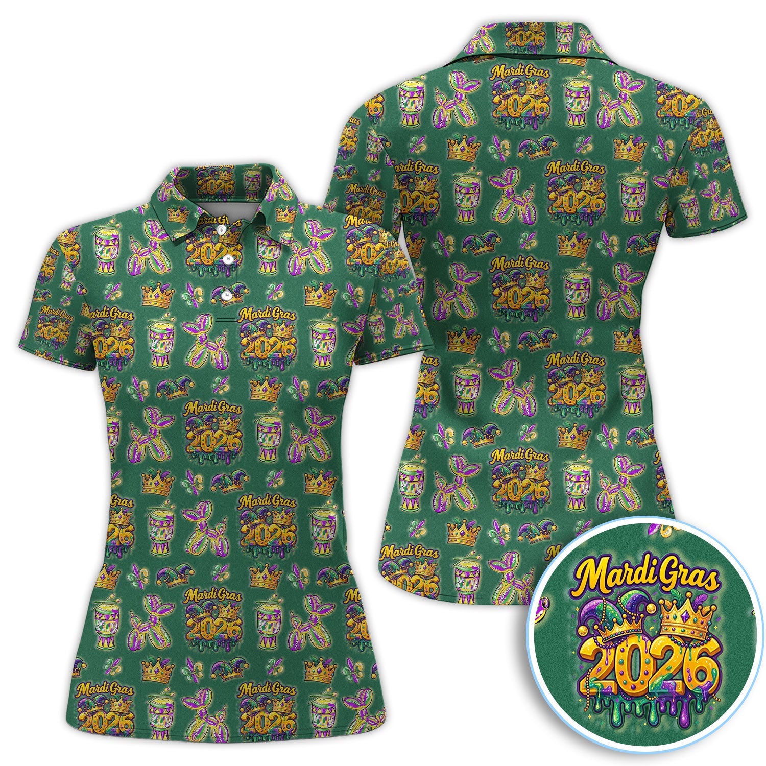 Mardi Gras 2026 Golf Polos For Golfer, Festive Crown Mask Pattern Golf Shirt, Golf Gift For Men