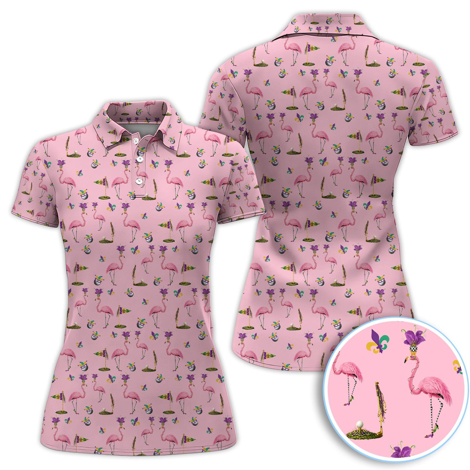Flamingo Mardi Gras Golf Polos For Golfer, Funny Holiday Pattern Golf Shirt, Golf Gift For Men