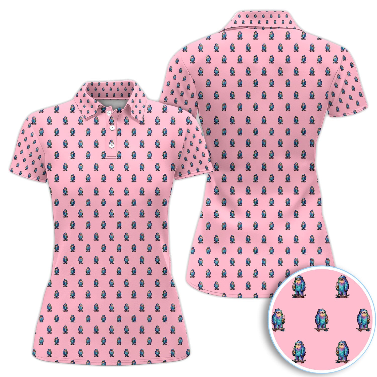 Funny Yeti Pattern Golf Polos, Bigfoot Coffee Skateboard Golf Shirt, Crazy Golf Shirts For Men