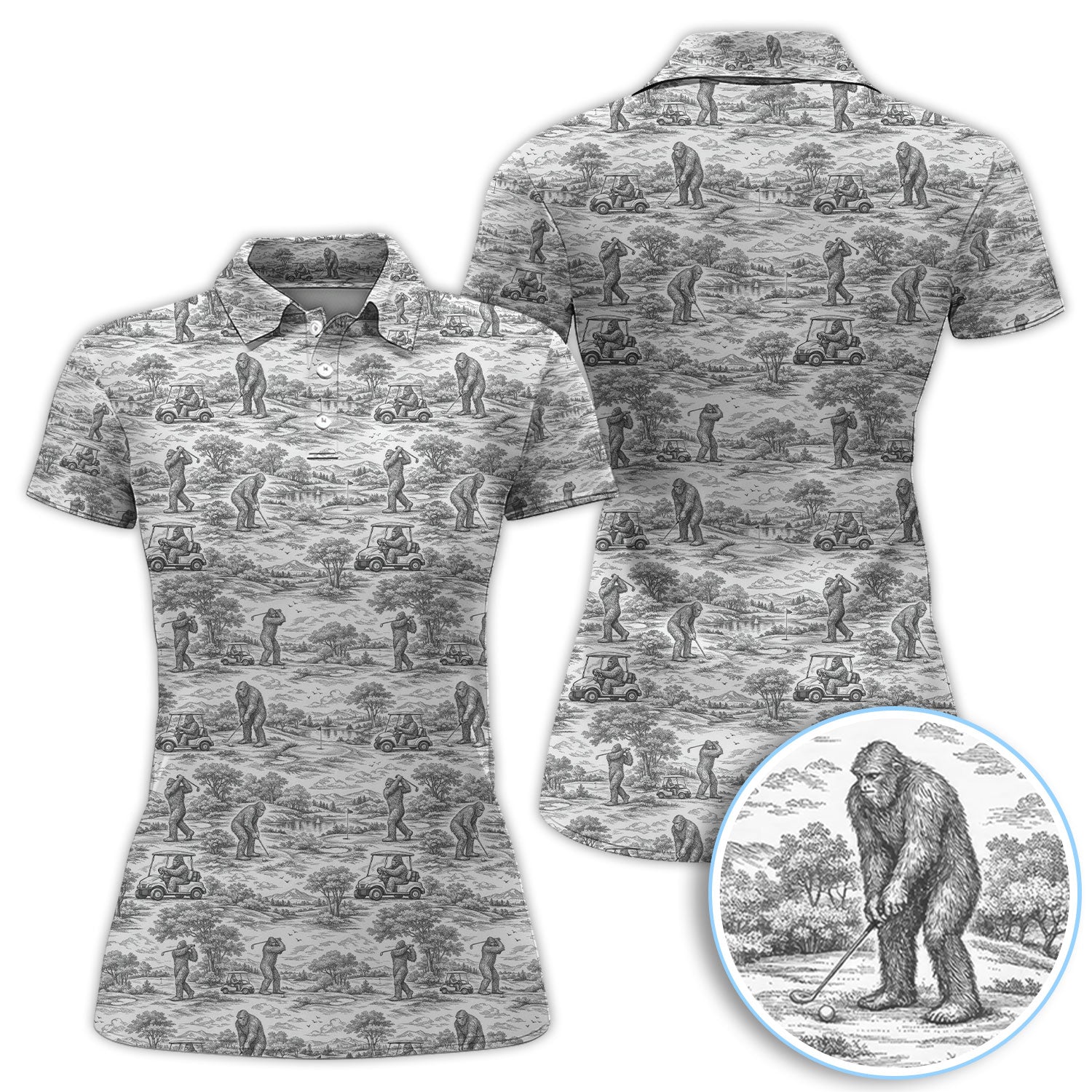 Crazy Bigfoot Pattern Golf Polos, Funny Sasquatch Golf Shirt For Men, Golf Gift For Golfer