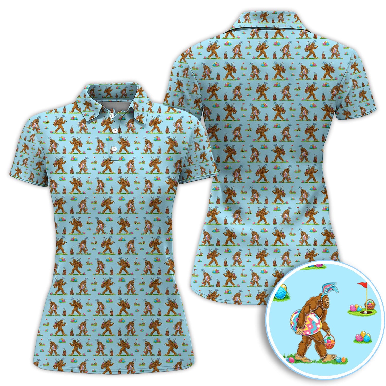 Bigfoot Easter Pattern Golf Polos, Bunny Sasquatch Golf Shirt For Men, Easter Day Shirt For Golfer
