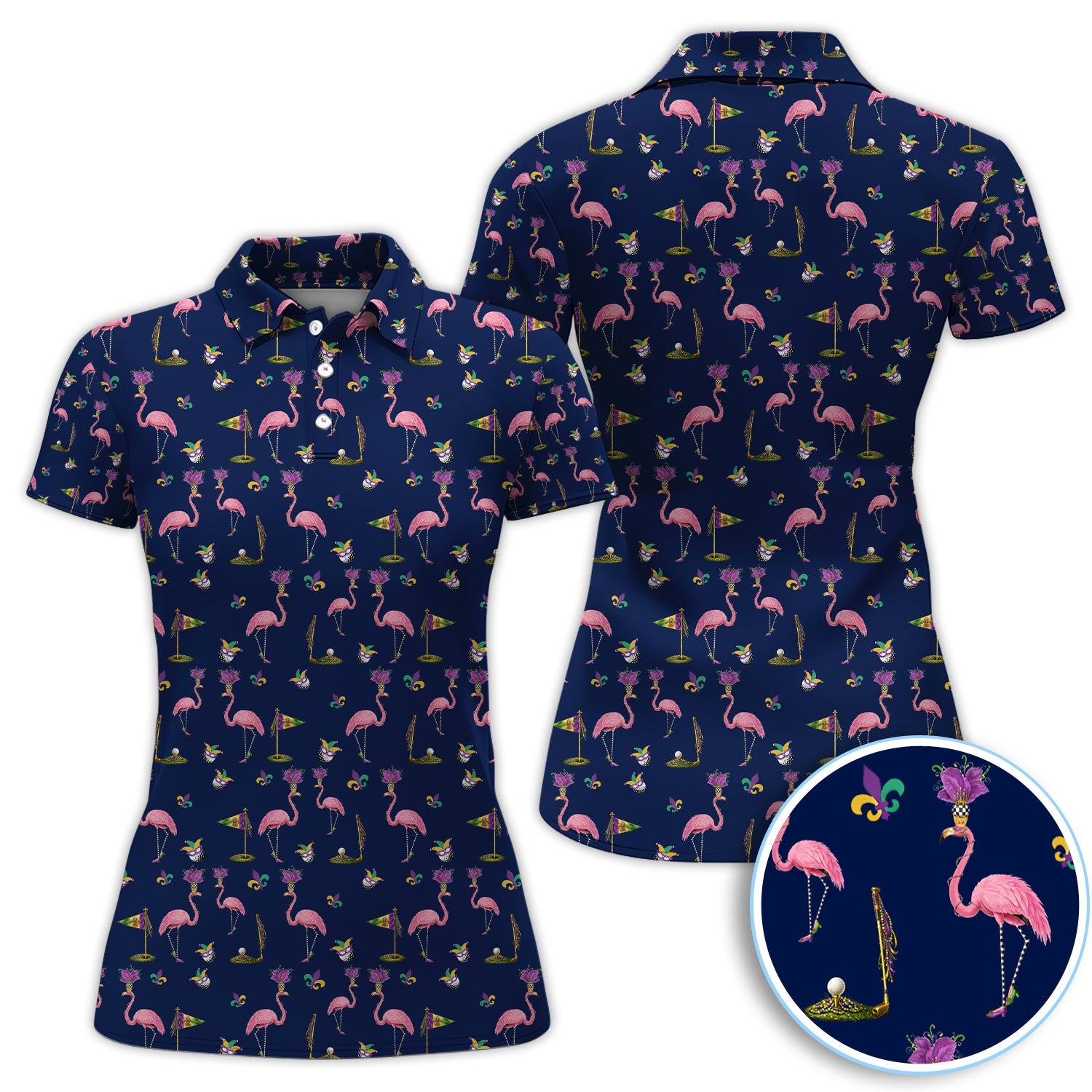 Flamingo Mardi Gras Golf Polos For Golfer, Funny Holiday Pattern Golf Shirt, Golf Gift For Men