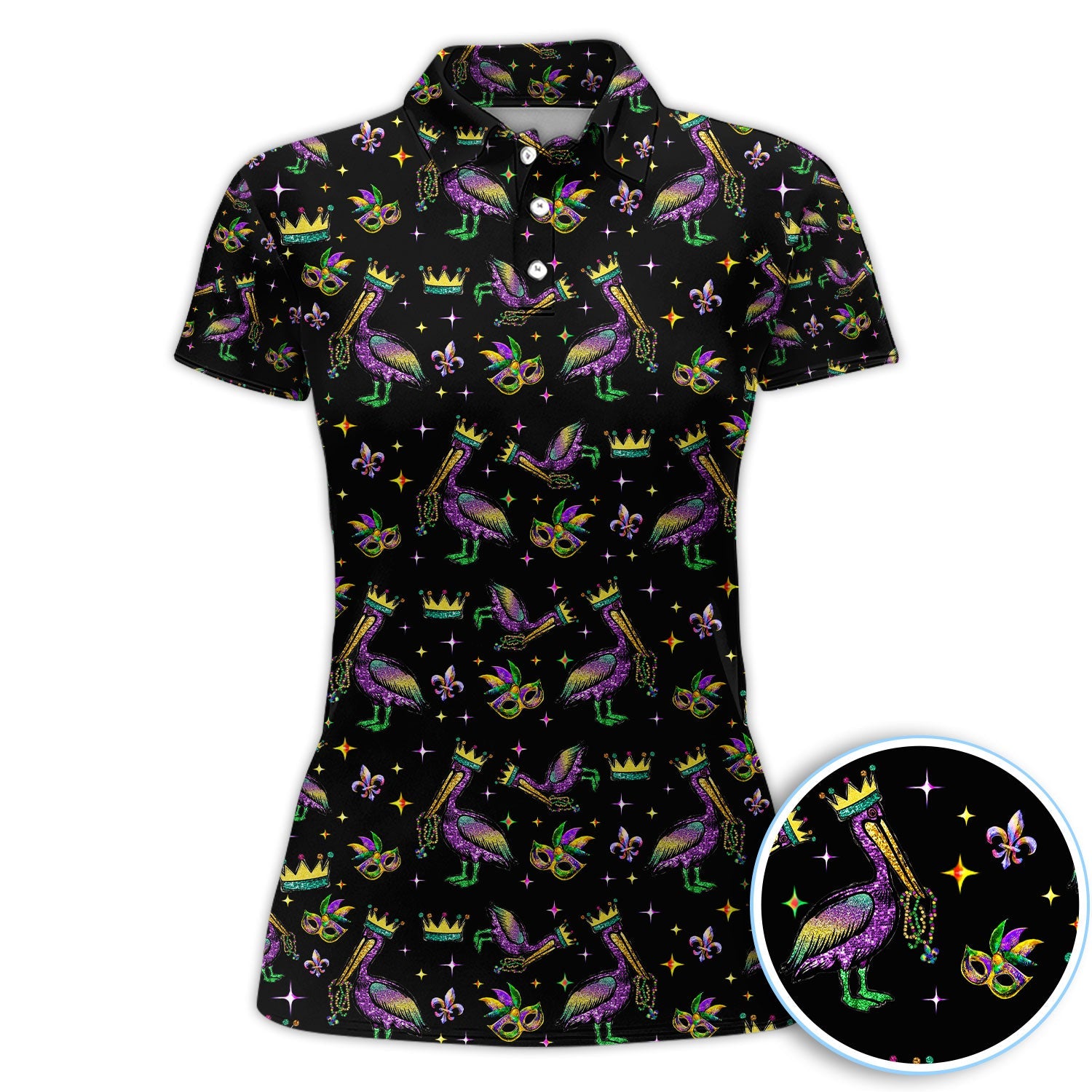 Mardi Gras Pelican Pattern Golf Polos, Funny Pelican Golf Shirt For Men, Crazy Golf Gift For Golfer