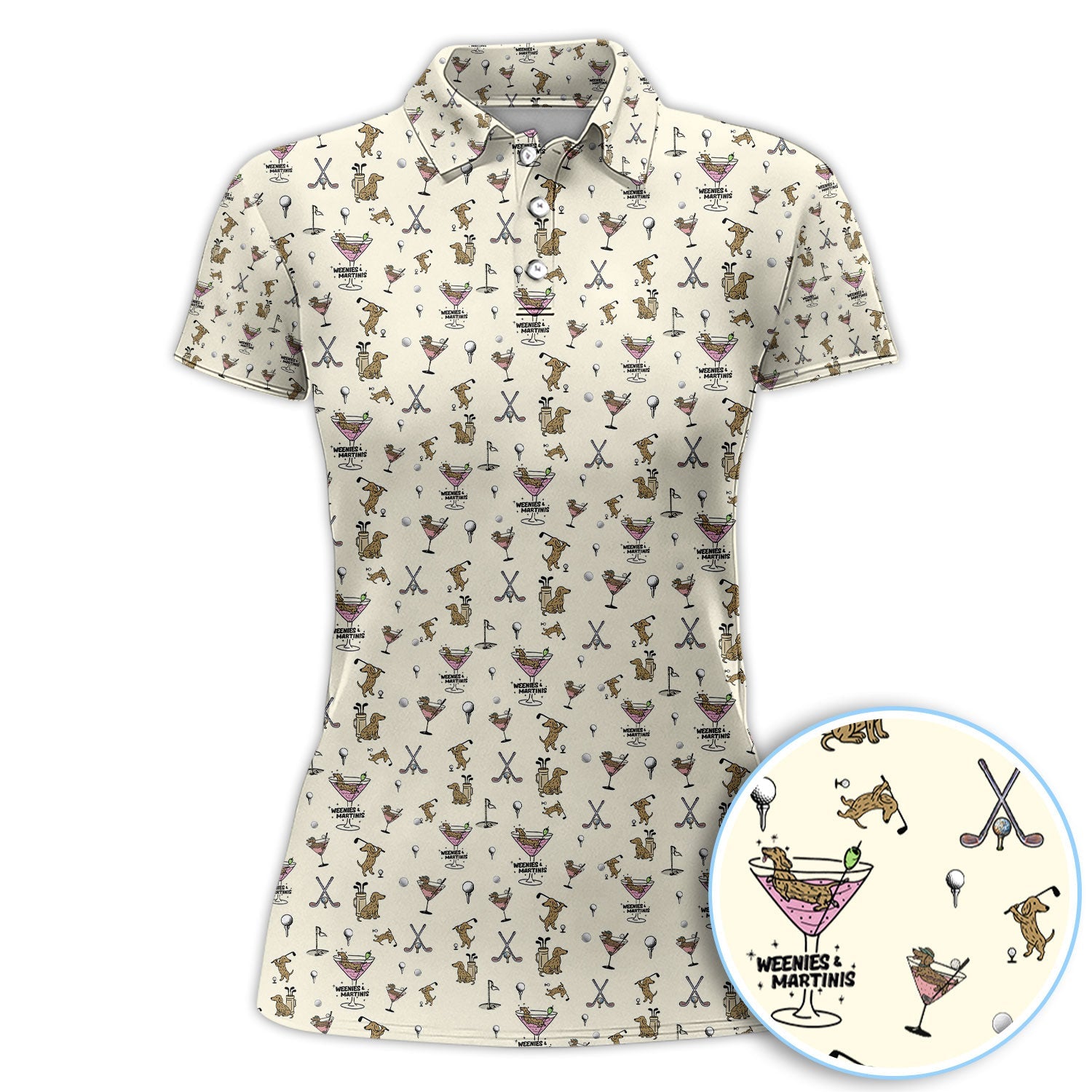 Funny Dachshund Golf Polos, Weenies Dog And Martinis Pattern Shirt For Men, Crazy Golf Shirt For Golfer