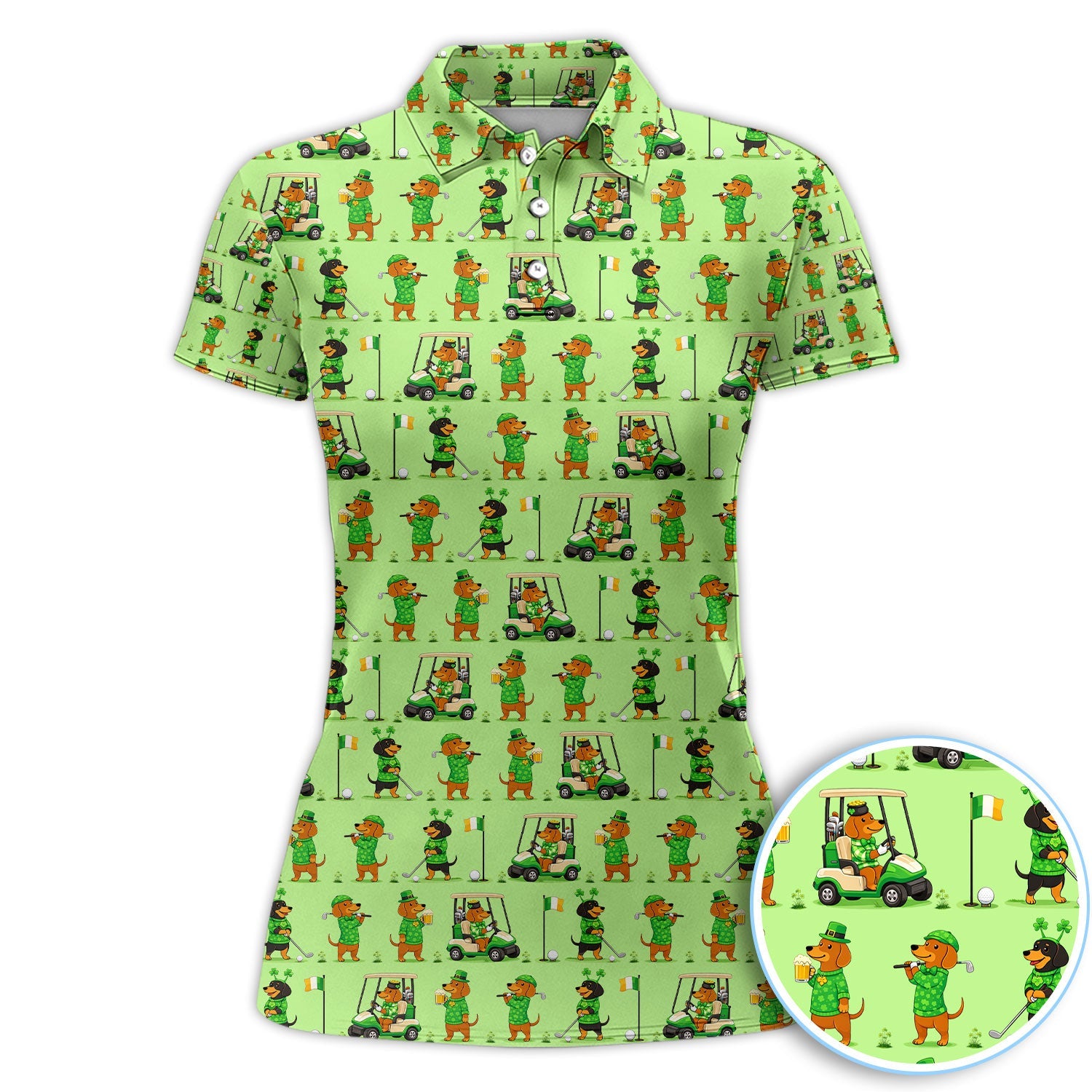 St. Patrick’s Day Dachshund Pattern Golf Polos, Funny Irish Wiener Dog Golf Shirt For Men, Golf Gift For Golfer