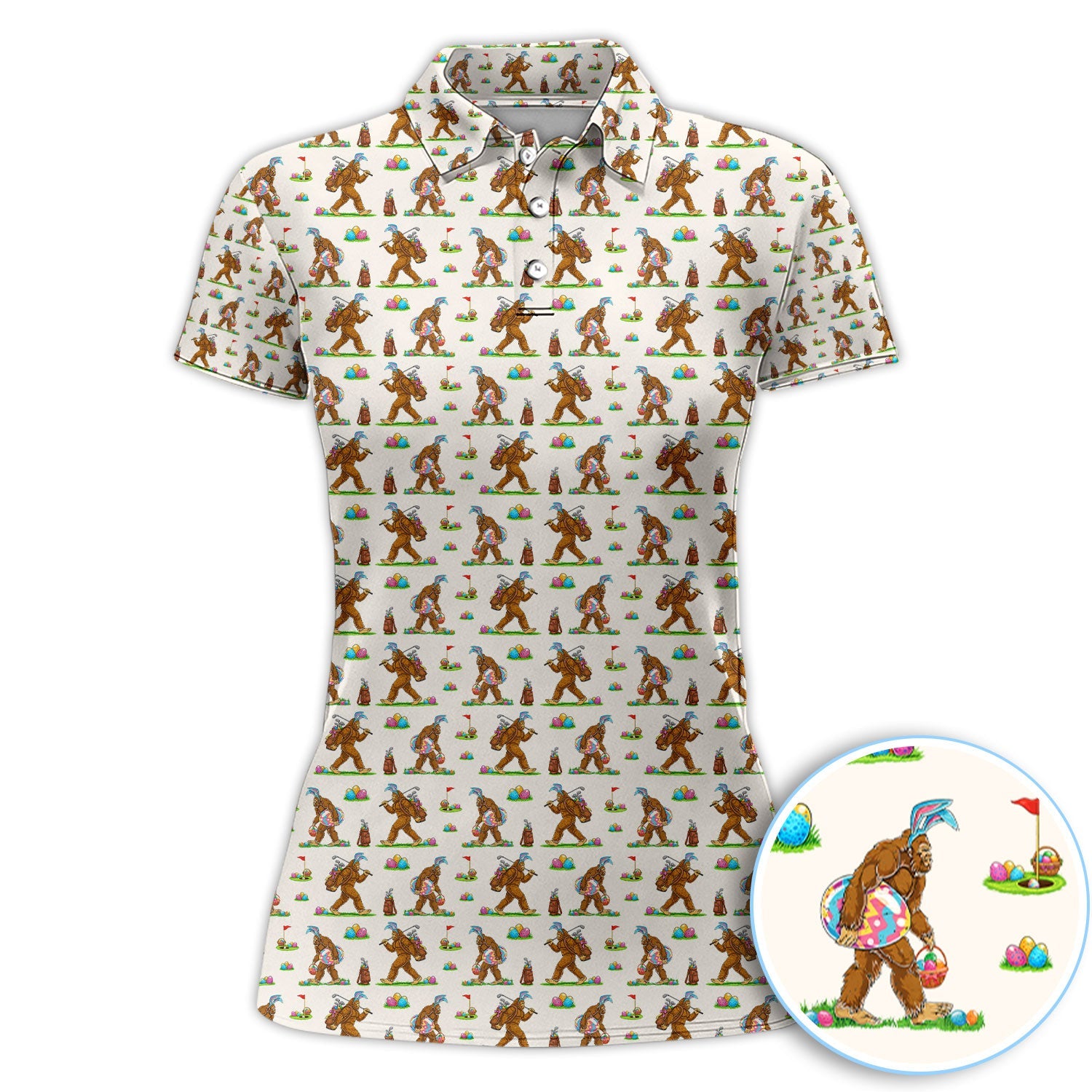 Bigfoot Easter Pattern Golf Polos, Bunny Sasquatch Golf Shirt For Men, Easter Day Shirt For Golfer