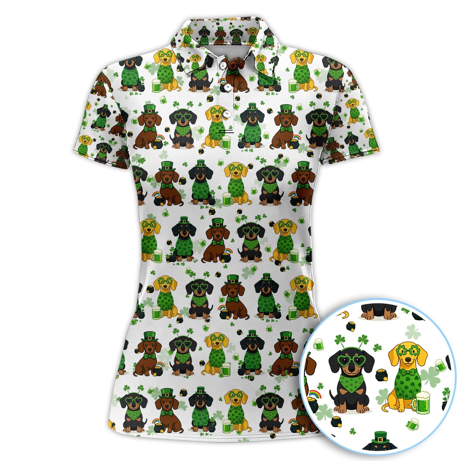 St. Patrick’s Day Dachshund Dog Pattern Golf Shirt, Funny Shamrock Dog Golf Polos For Men, Golf Gift For Golfer