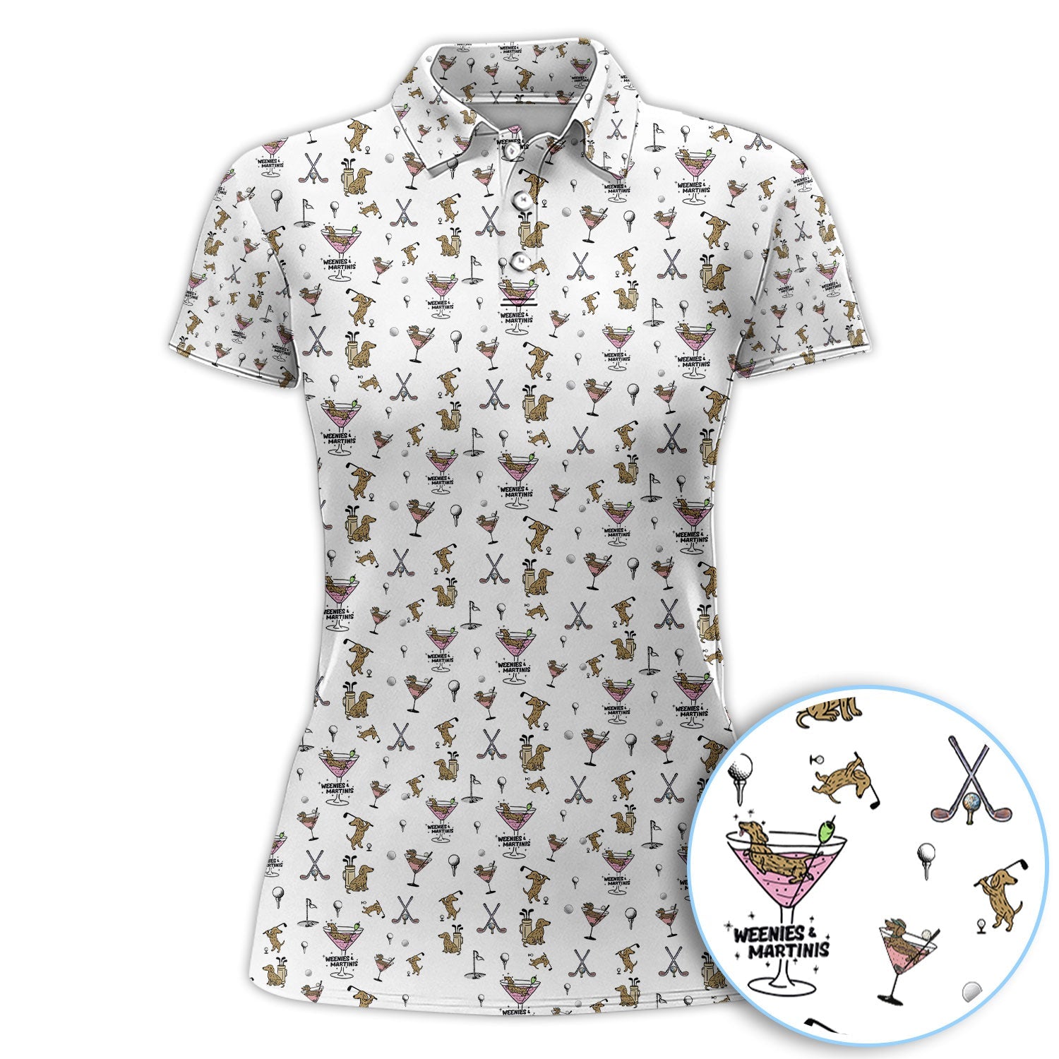 Funny Dachshund Golf Polos, Weenies Dog And Martinis Pattern Shirt For Men, Crazy Golf Shirt For Golfer