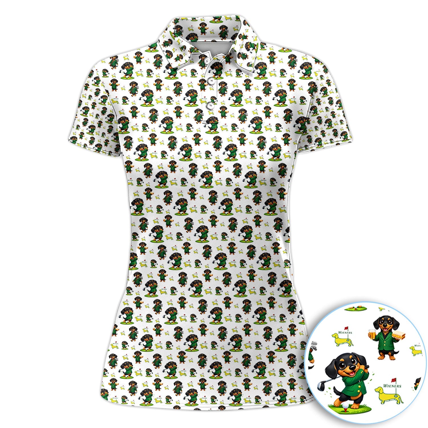 Funny Dachshund Golfing Golf Polos, Wiener Dog Pattern Golf Shirt For Women, Lucky Golf Vibes