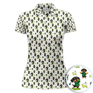 Funny Dachshund Golfing Golf Polos, Wiener Dog Pattern Golf Shirt For Women, Lucky Golf Vibes