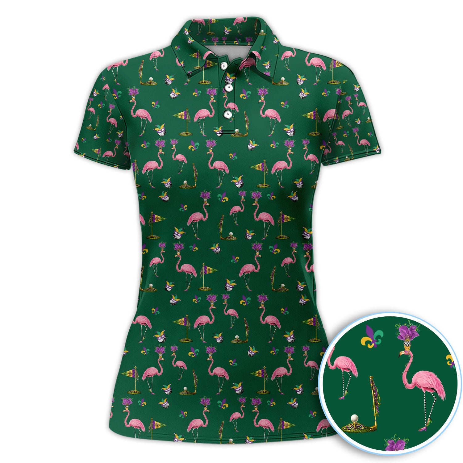 Flamingo Mardi Gras Golf Polos For Golfer, Funny Holiday Pattern Golf Shirt, Golf Gift For Men