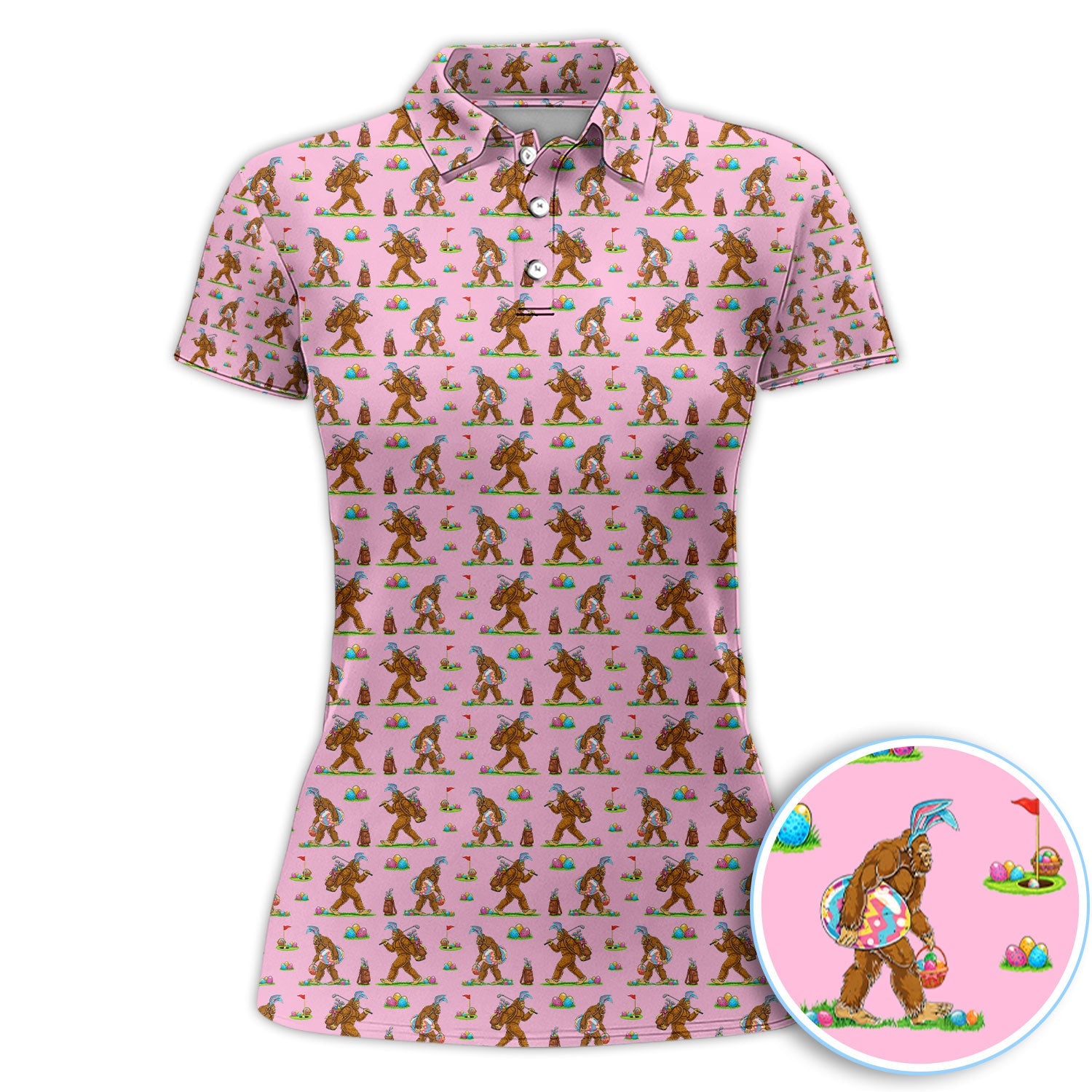 Bigfoot Easter Pattern Golf Polos, Bunny Sasquatch Golf Shirt For Men, Easter Day Shirt For Golfer
