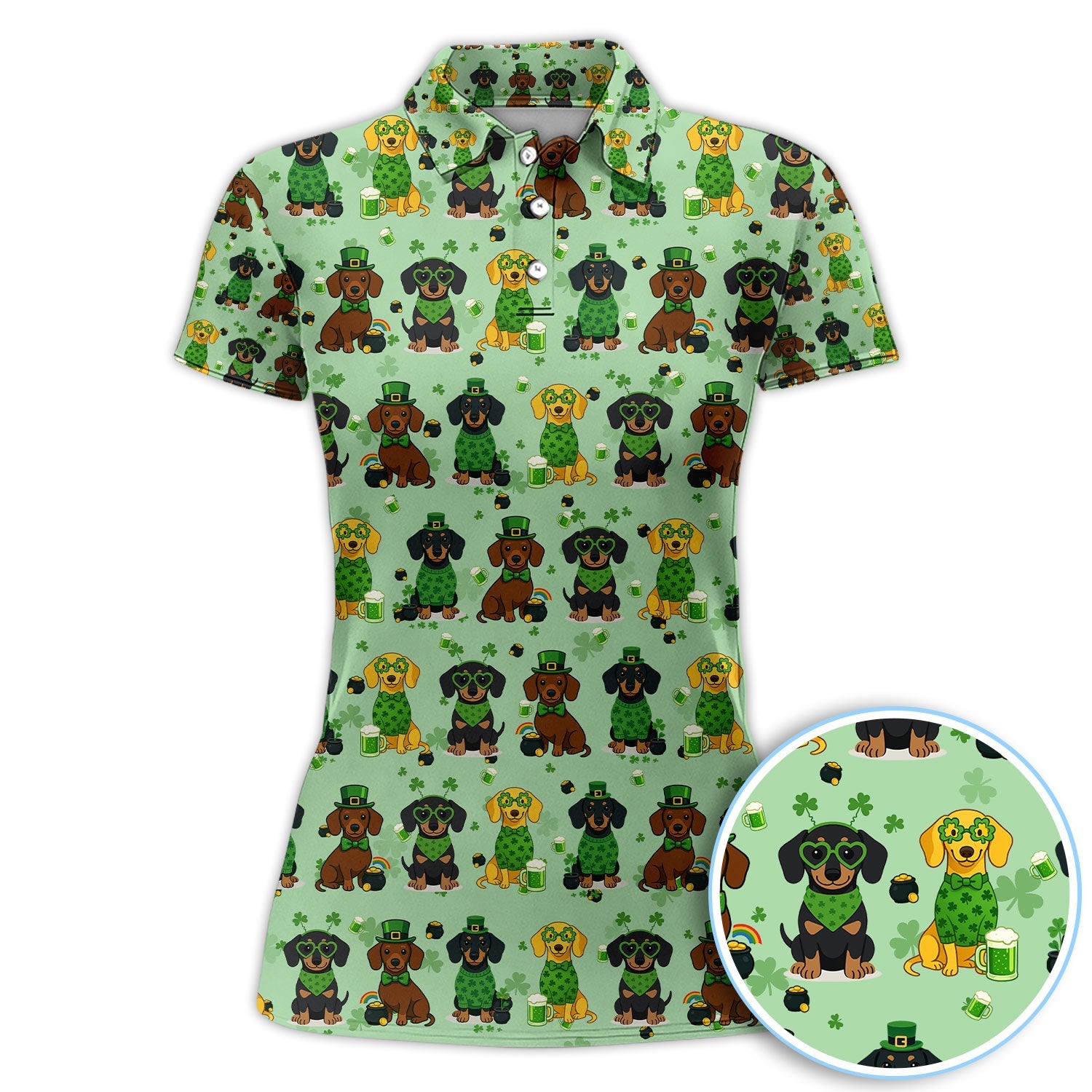 St. Patrick’s Day Dachshund Dog Pattern Golf Shirt, Funny Shamrock Dog Golf Polos For Men, Golf Gift For Golfer