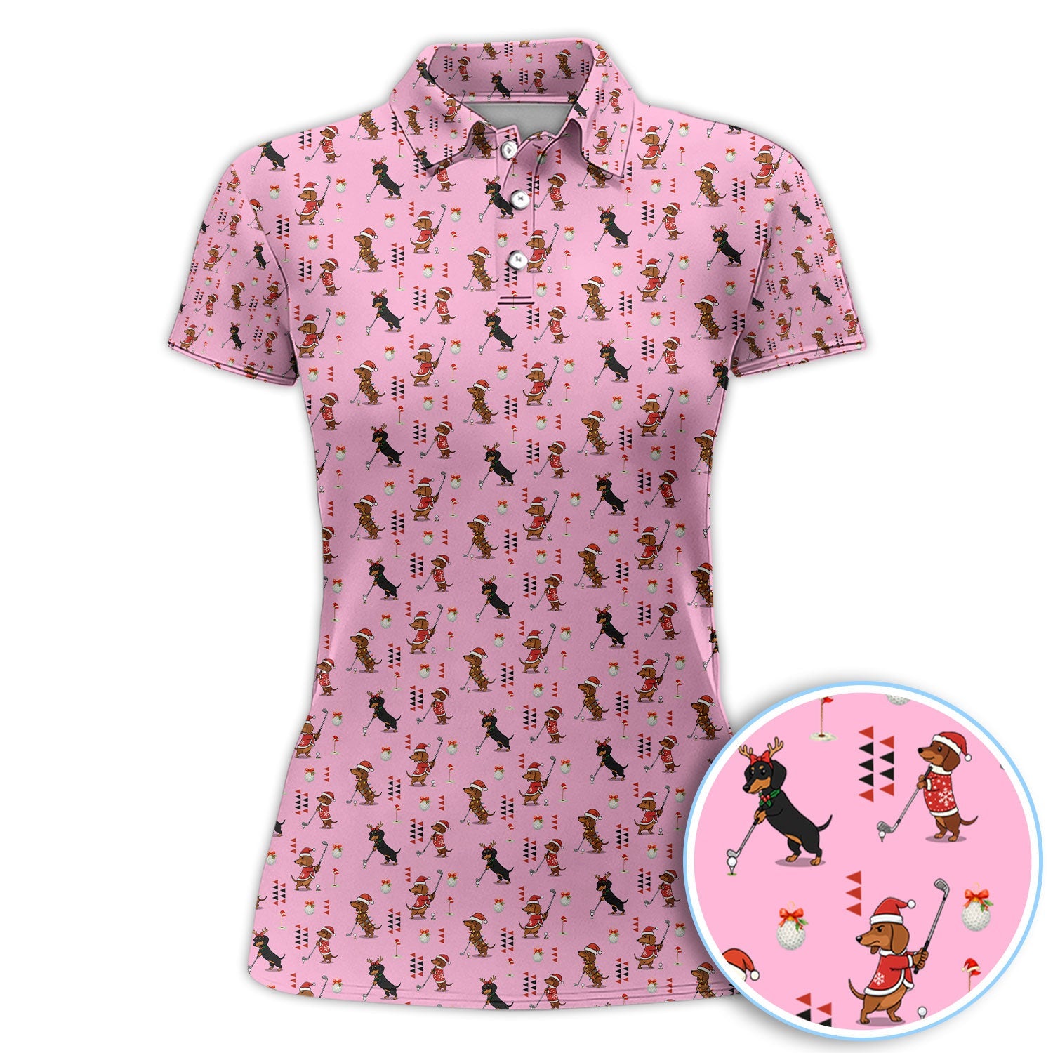 Christmas Dachshund Pattern Polos, Funny Xmas Wiener Dog Golf Shirt, Festive Golf Gift For Men