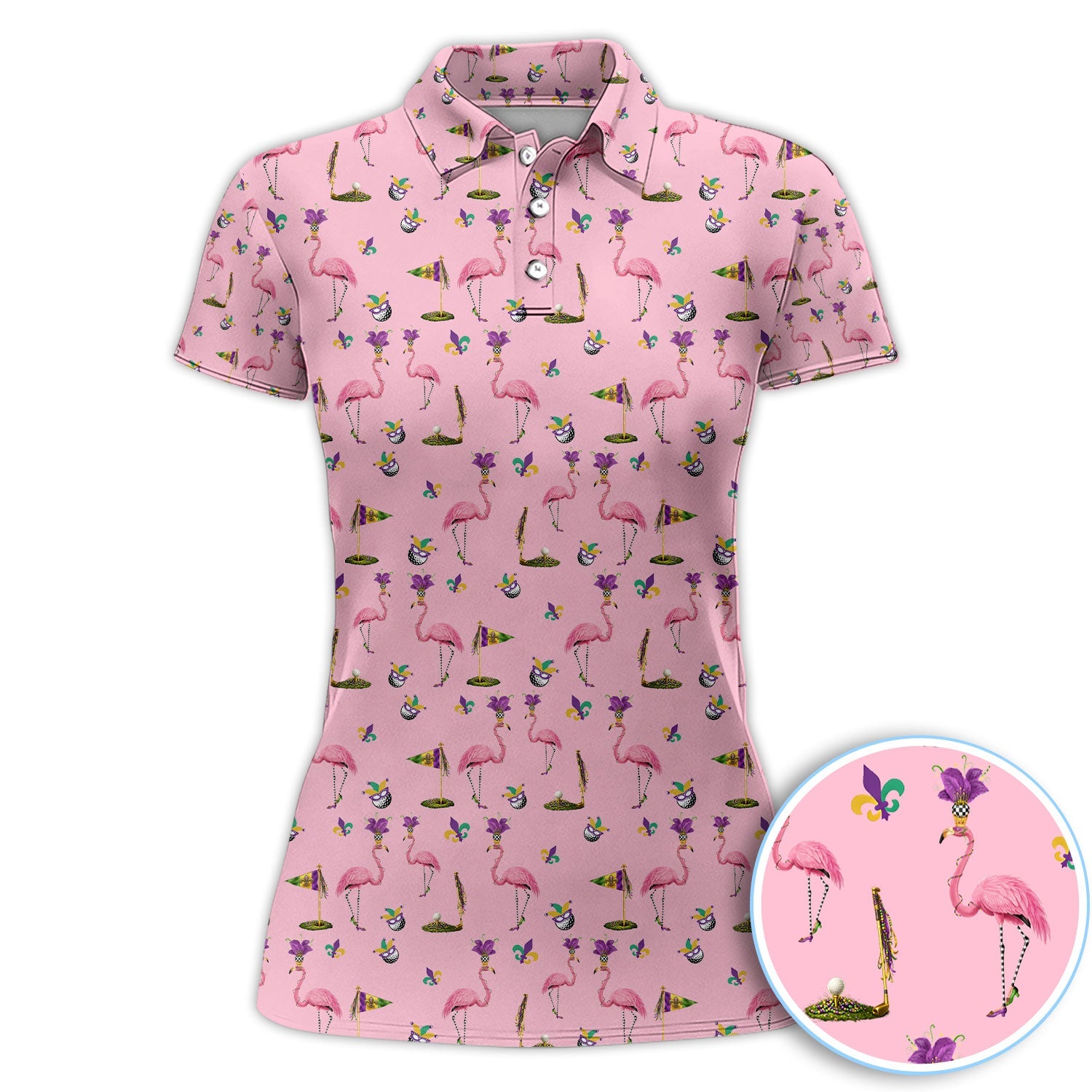 Flamingo Mardi Gras Golf Polos For Golfer, Funny Holiday Pattern Golf Shirt, Golf Gift For Men