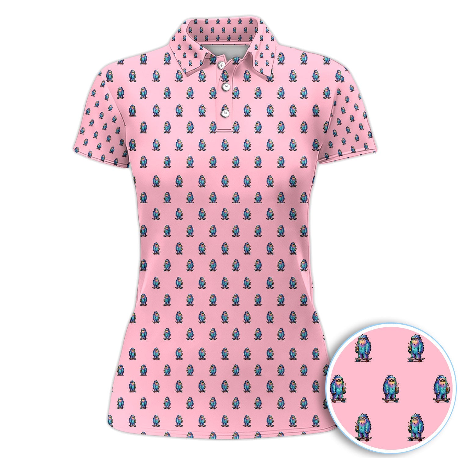 Funny Yeti Pattern Golf Polos, Bigfoot Coffee Skateboard Golf Shirt, Crazy Golf Shirts For Men