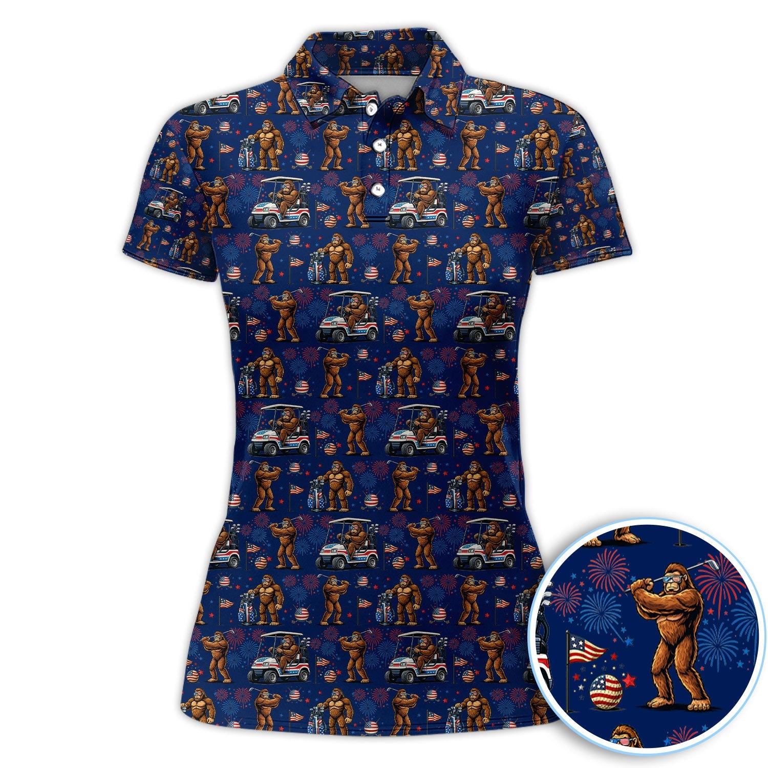 Funny Bigfoot Golf Polos For Golfer, Sasquatch Patriotic USA Pattern Golf Shirt, Golf Gift For Men