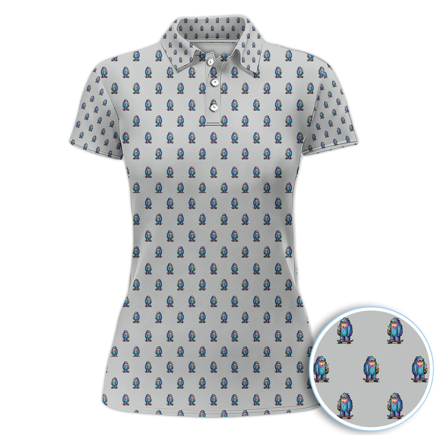 Funny Yeti Pattern Golf Polos, Bigfoot Coffee Skateboard Golf Shirt, Crazy Golf Shirts For Men