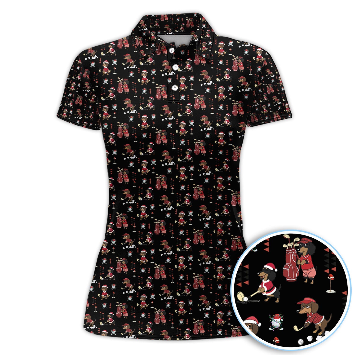 Funny Dachshund Christmas Golf Shirt, Cute Wiener Dog Pattern Polos, Festive Holiday Golf Shirt Gift For Men Golfers