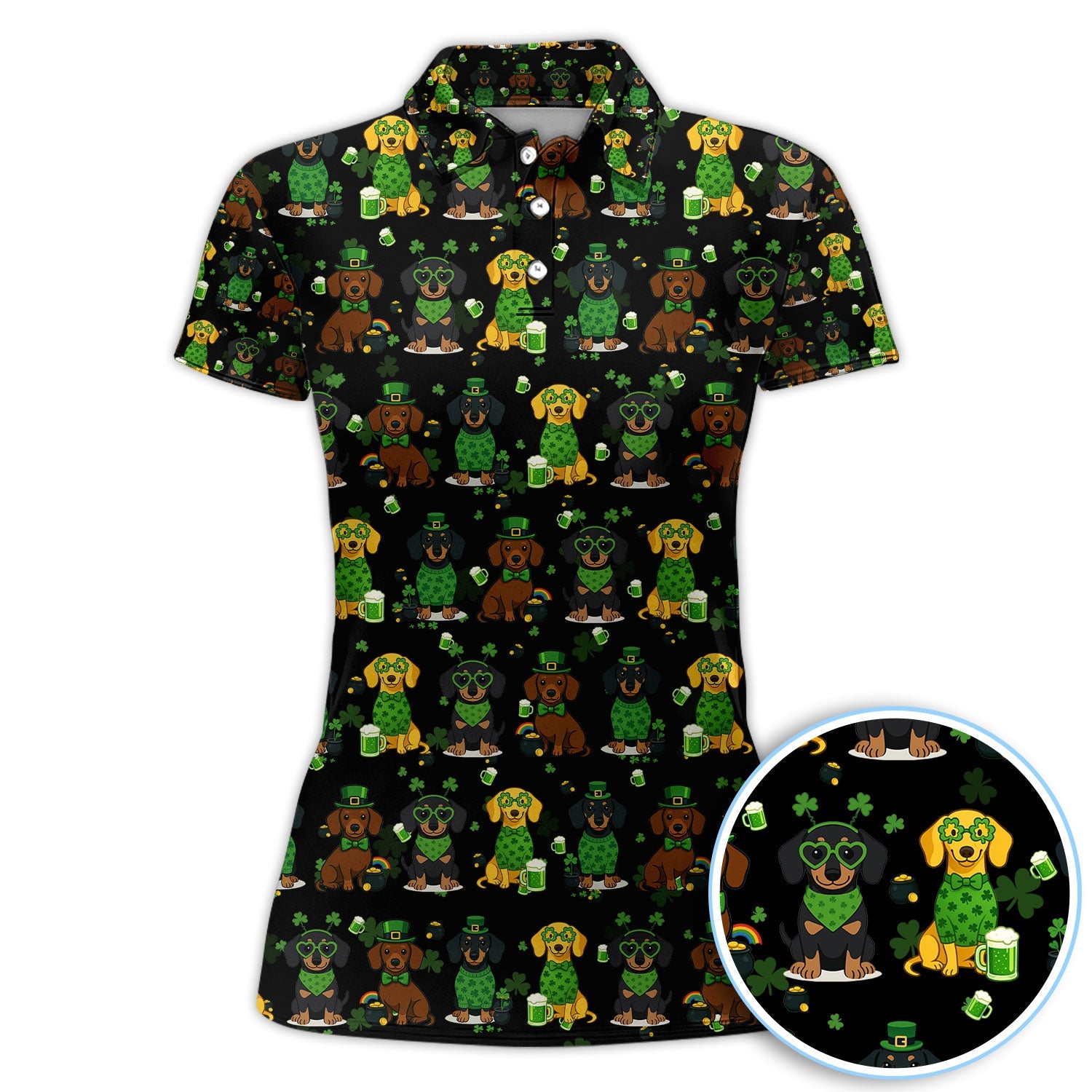 St. Patrick’s Day Dachshund Dog Pattern Golf Shirt, Funny Shamrock Dog Golf Polos For Men, Golf Gift For Golfer