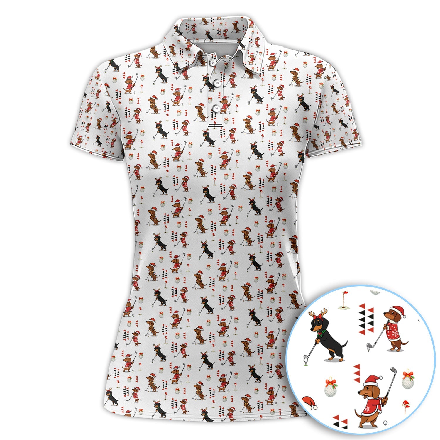 Christmas Dachshund Pattern Polos, Funny Xmas Wiener Dog Golf Shirt, Festive Golf Gift For Men