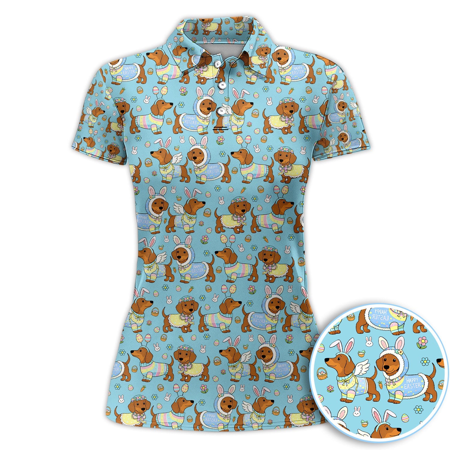 Dachshund Happy Easter Golf Polos, Easter Wiener Dog Pattern Golf Shirt, Golf Gift For Golfer