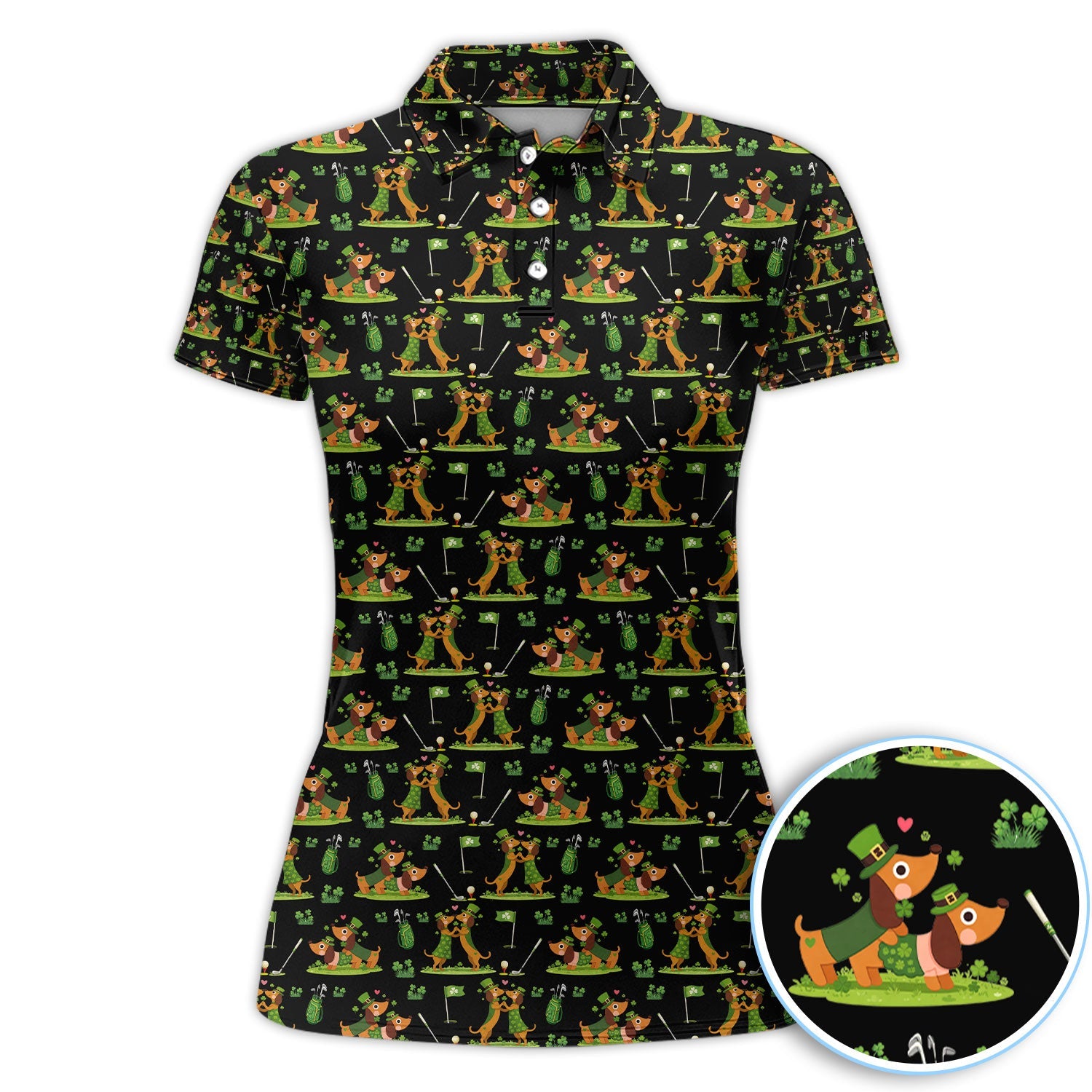 Cute Dachshund St Patrick Pattern Golf Shirt, Wiener Dog Golf Shirt, Golf Gift For Men