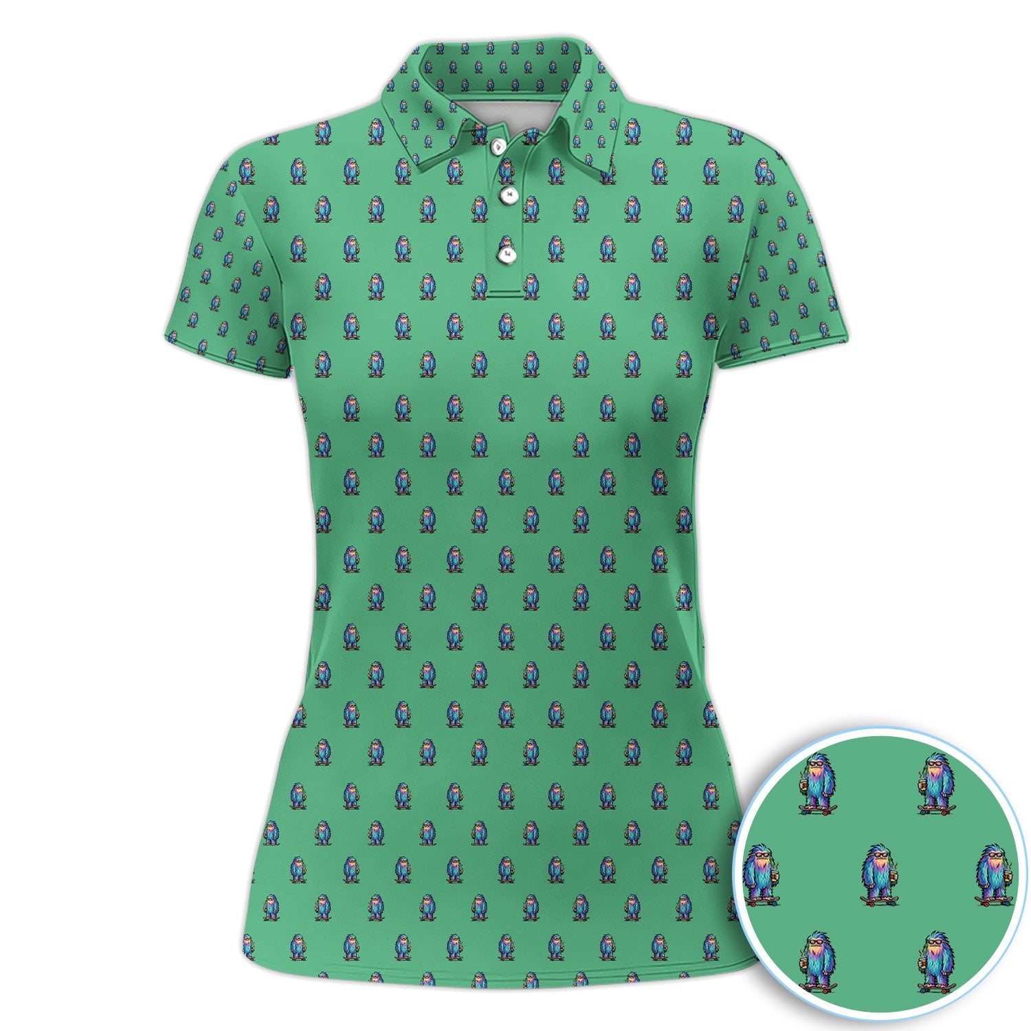 Funny Yeti Pattern Golf Polos, Bigfoot Coffee Skateboard Golf Shirt, Crazy Golf Shirts For Men