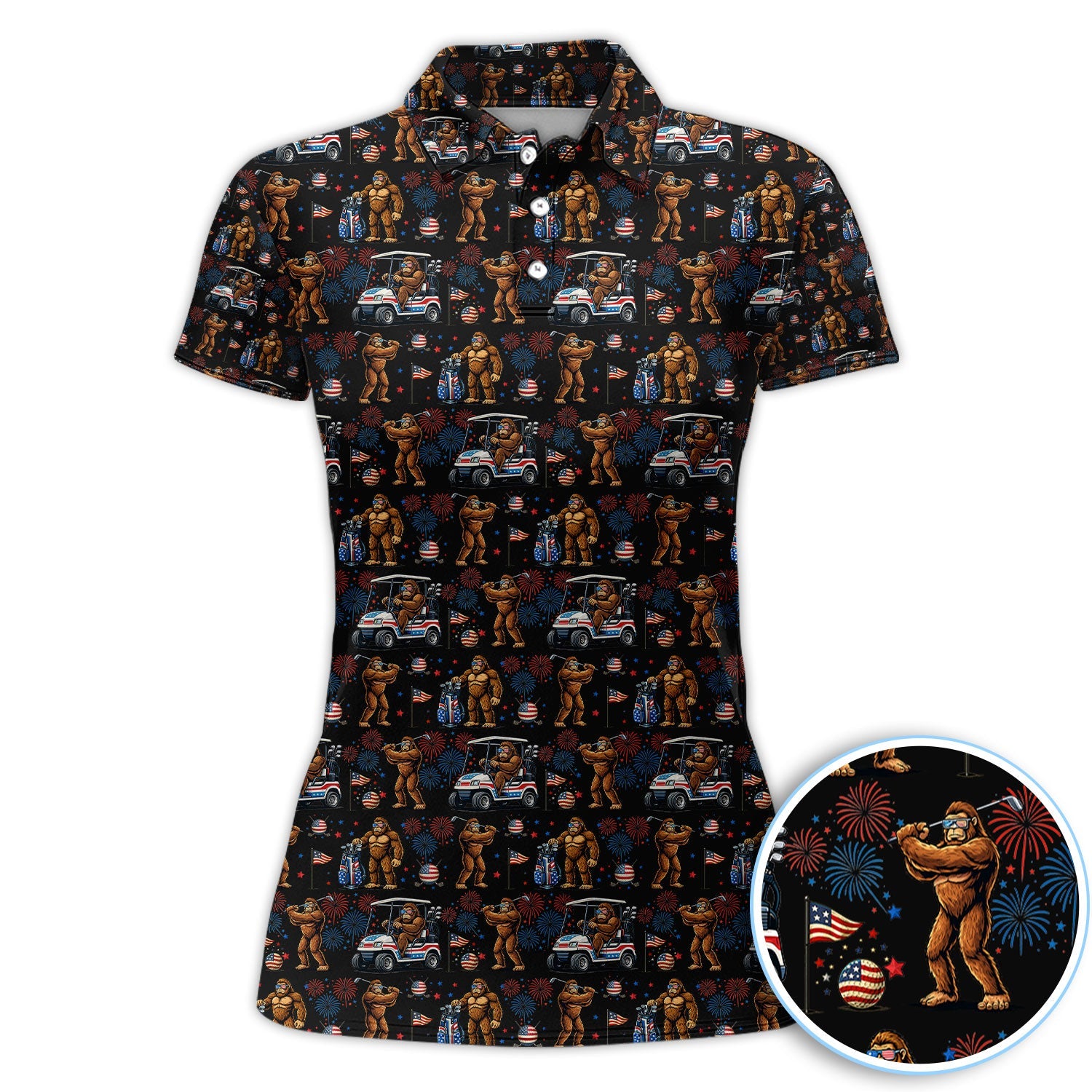 Funny Bigfoot Golf Polos For Golfer, Sasquatch Patriotic USA Pattern Golf Shirt, Golf Gift For Men