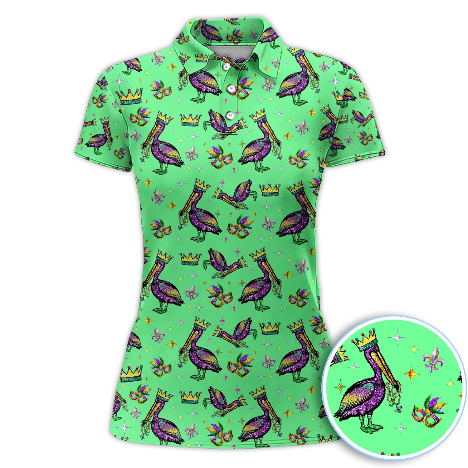 Mardi Gras Pelican Pattern Golf Polos, Funny Pelican Golf Shirt For Men, Crazy Golf Gift For Golfer