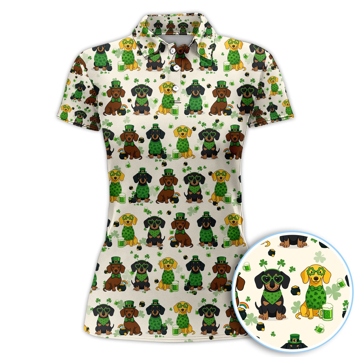 St. Patrick’s Day Dachshund Dog Pattern Golf Shirt, Funny Shamrock Dog Golf Polos For Men, Golf Gift For Golfer