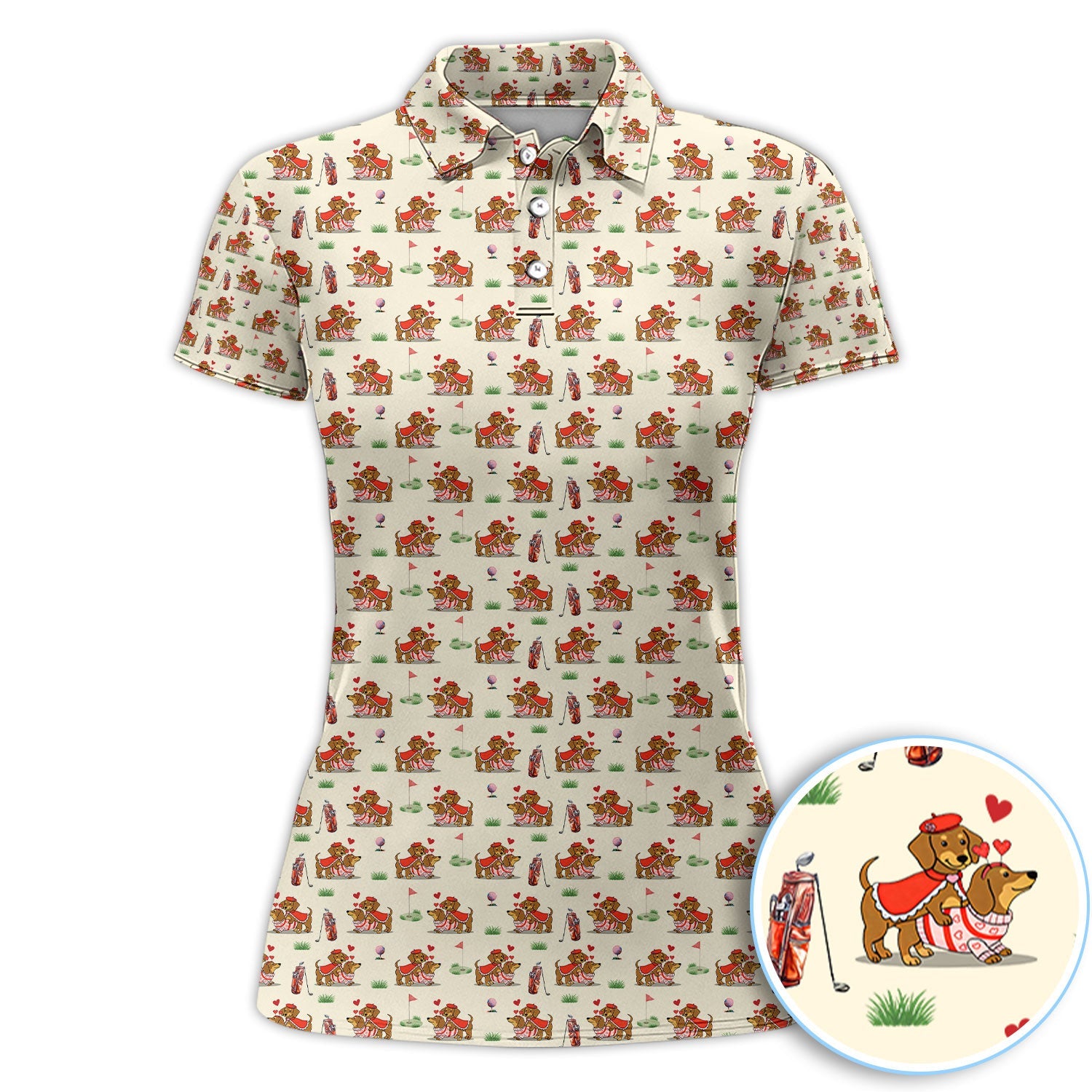 Valentine Dachshund Pattern Golf Shirt, Wiener Dog Love Golf Shirt, Golf Gift For Men