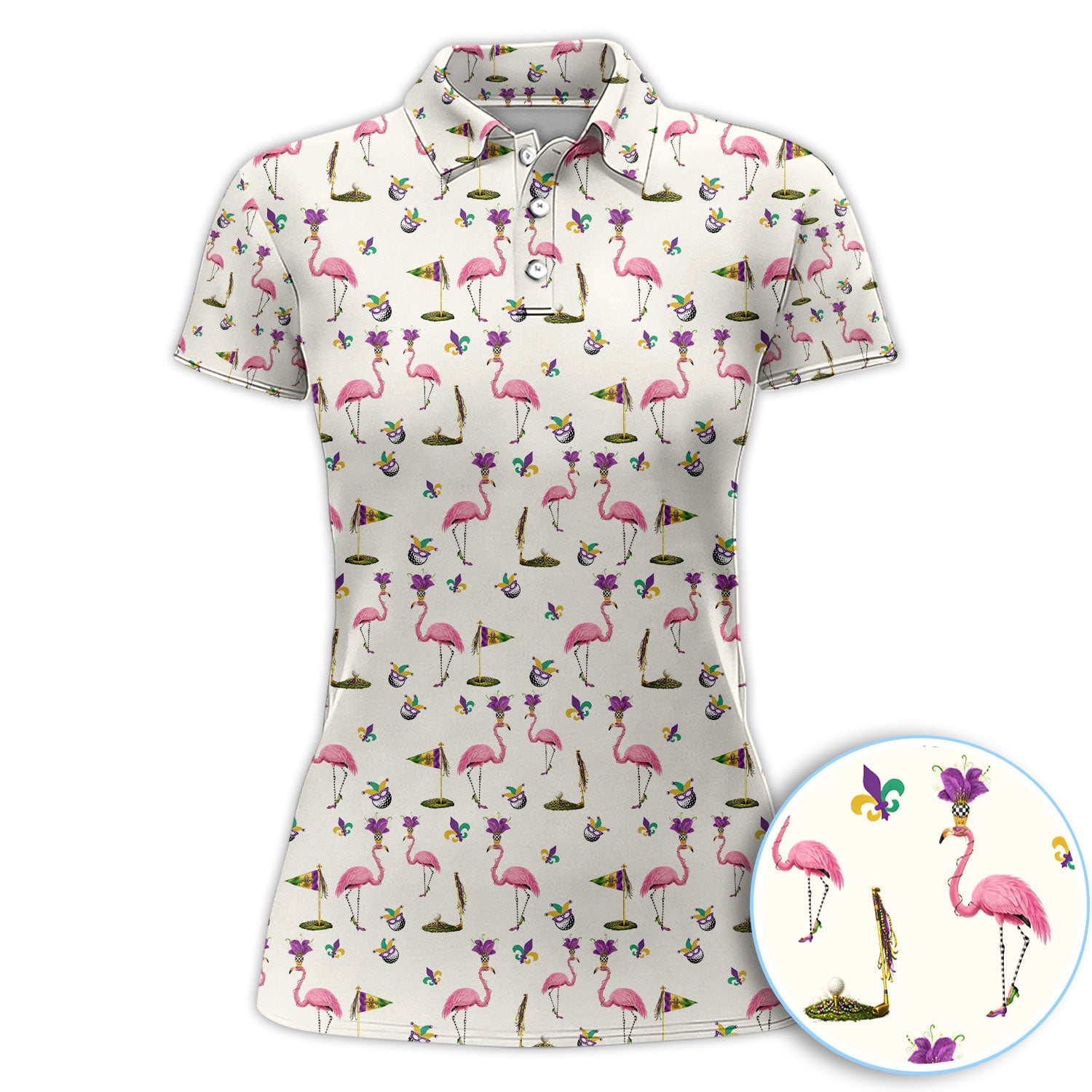 Flamingo Mardi Gras Golf Polos For Golfer, Funny Holiday Pattern Golf Shirt, Golf Gift For Men