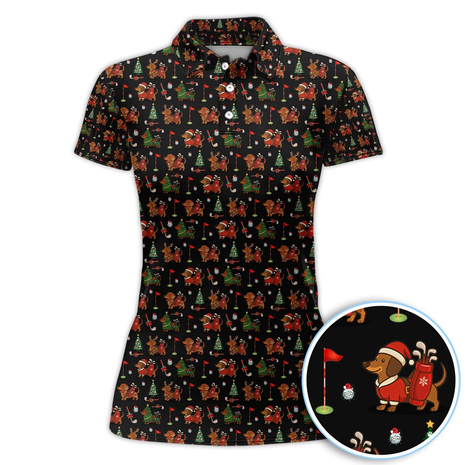 Christmas Dachshund Golf Polos, Cute Holiday Dog Golfer Shirt, Xmas Golf Gift For Golfer