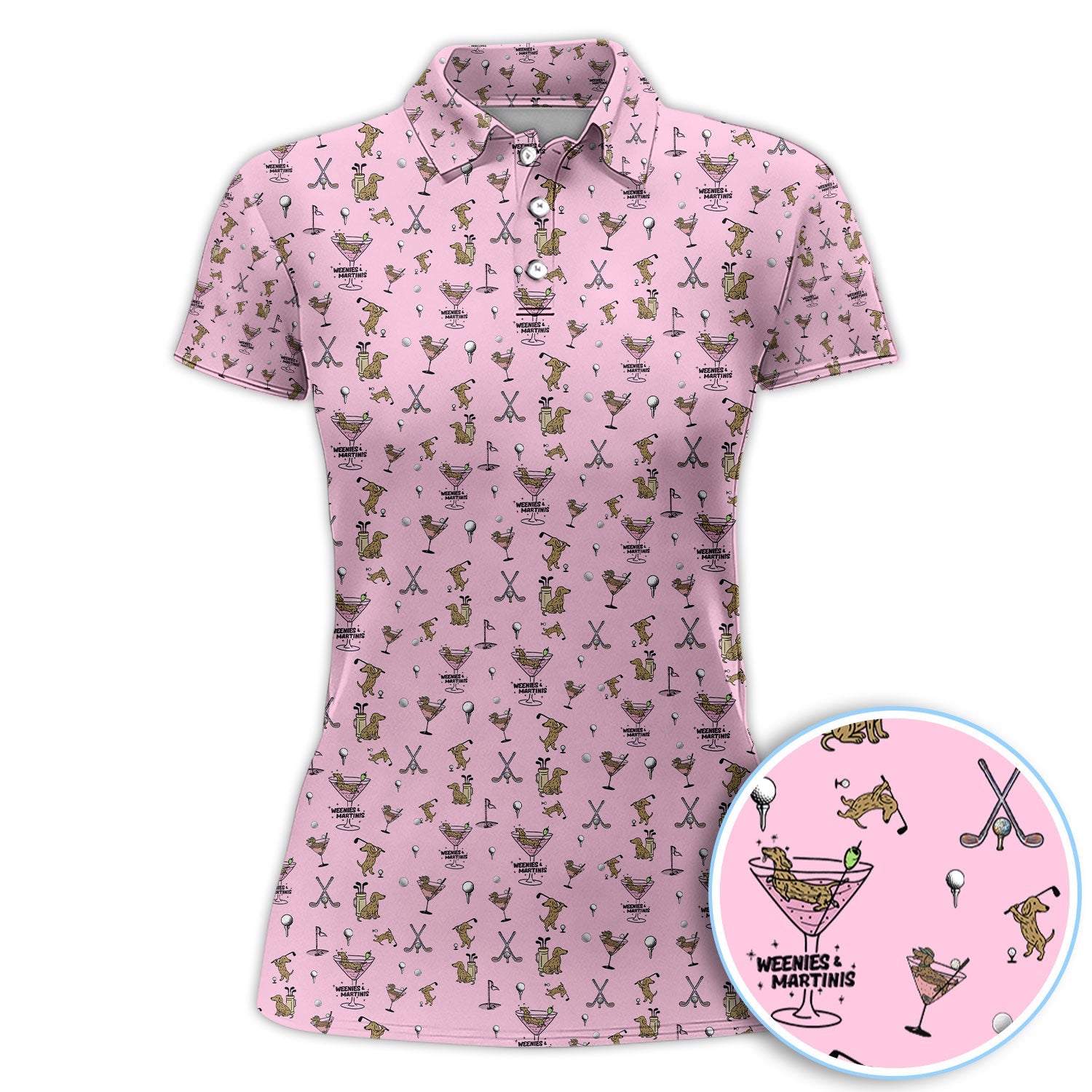 Funny Dachshund Golf Polos, Weenies Dog And Martinis Pattern Shirt For Men, Crazy Golf Shirt For Golfer