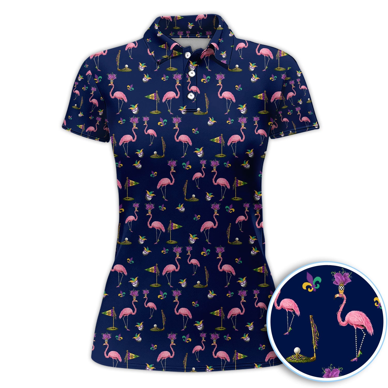 Flamingo Mardi Gras Golf Polos For Golfer, Funny Holiday Pattern Golf Shirt, Golf Gift For Men