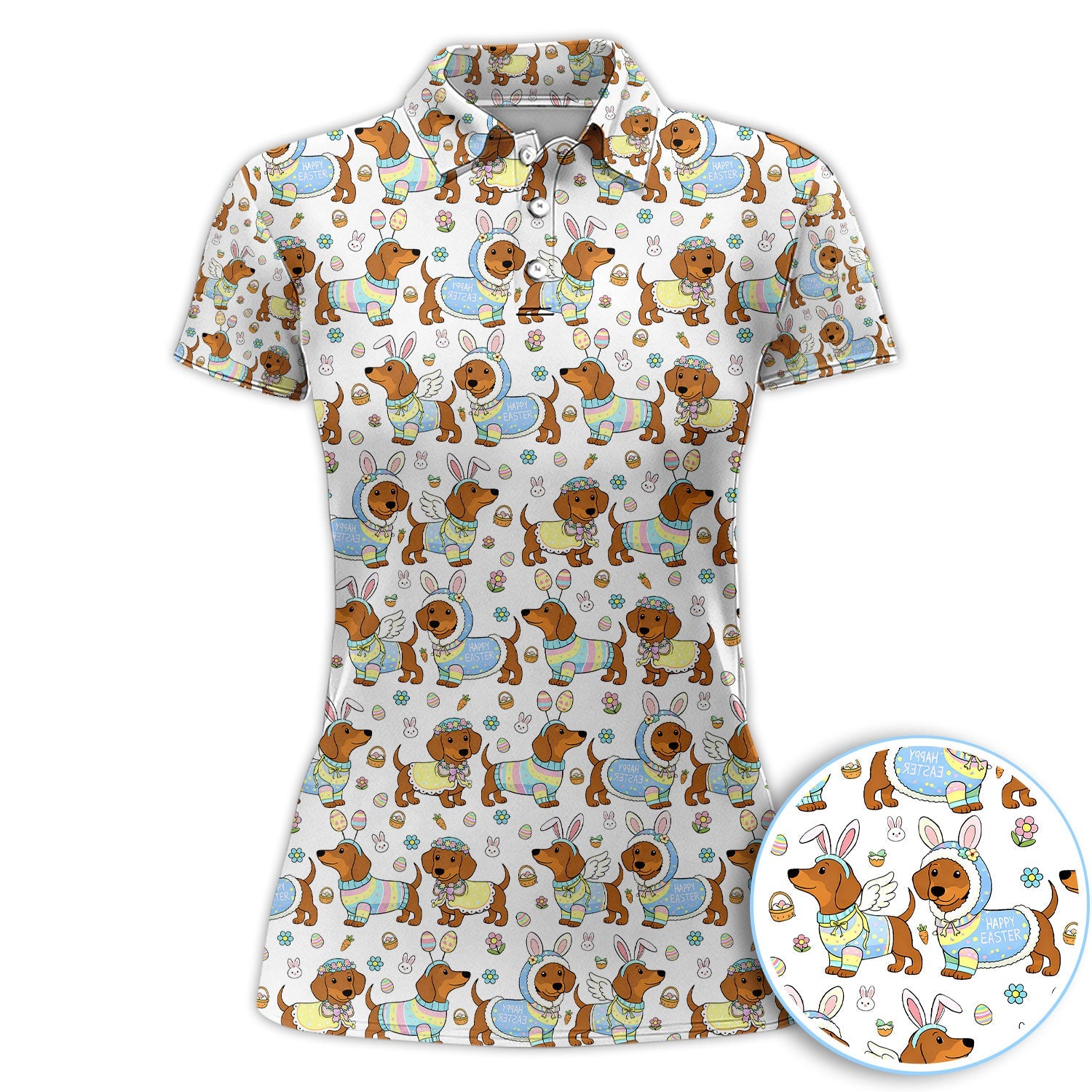 Dachshund Happy Easter Golf Polos, Easter Wiener Dog Pattern Golf Shirt, Golf Gift For Golfer