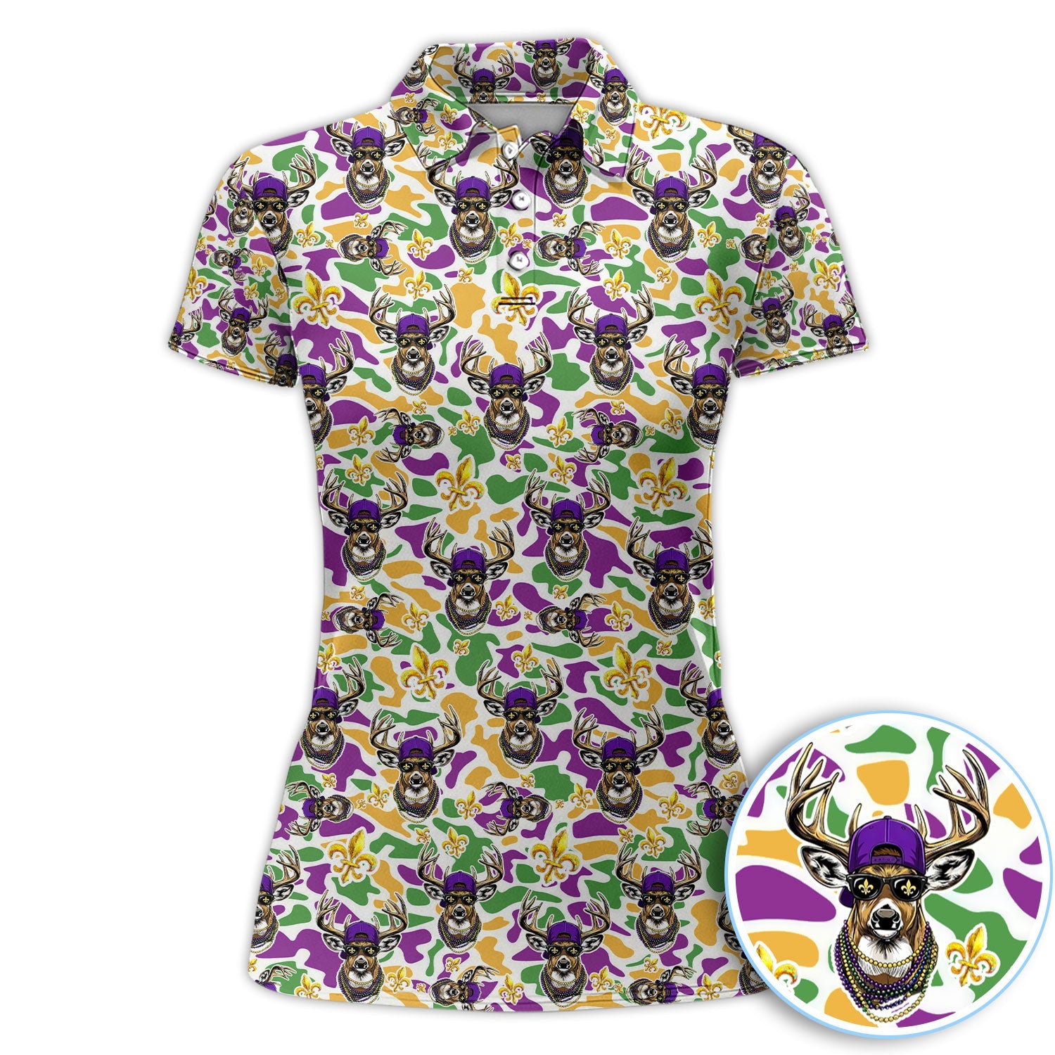 Mardi Gras Golf Polos For Golfer, Festival Deer Pattern Golf Shirt, Golf Gift For Men