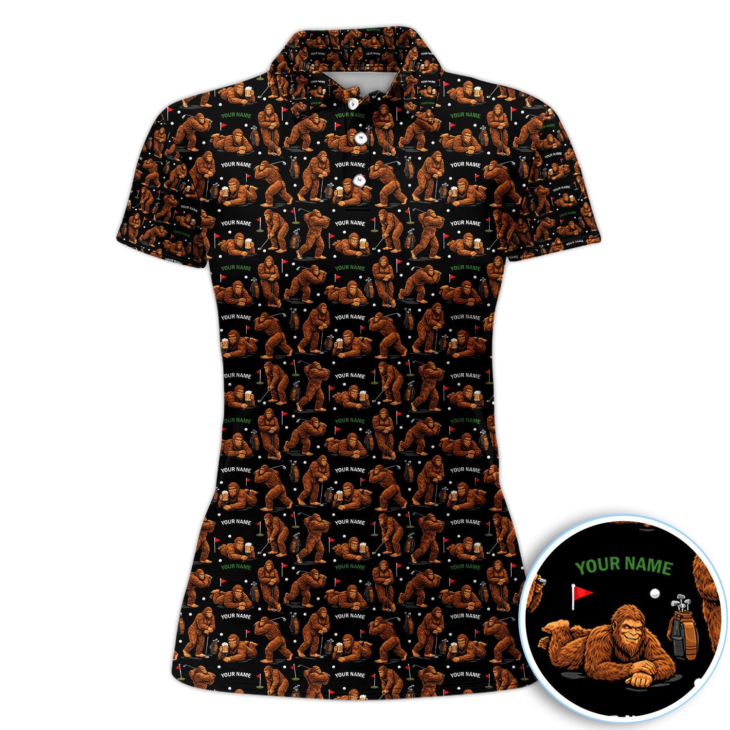 Personalized Bigfoot Pattern Golf Polos, Crazy Bigfoot Golf Shirt For Men, Funny Golf Shirt