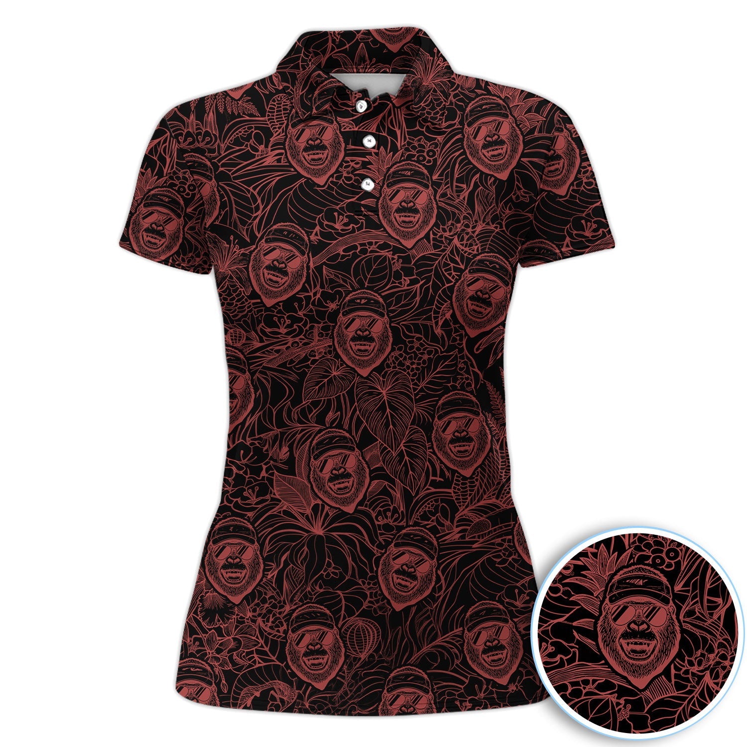 Bigfoot Red Neon Outline Polo Shirt For Men, Sasquatch Face All Over Print, Dark Cryptid Pattern Casual Golf Shirt